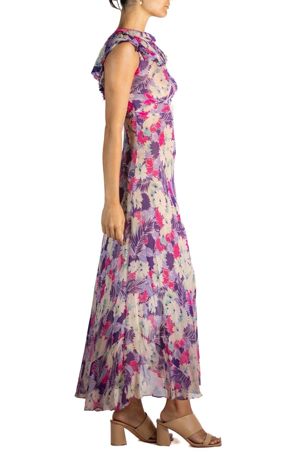 1930S Floral Print Bias Cut Silk Chiffon Maxi Dress In Good Condition For Sale In New York, NY