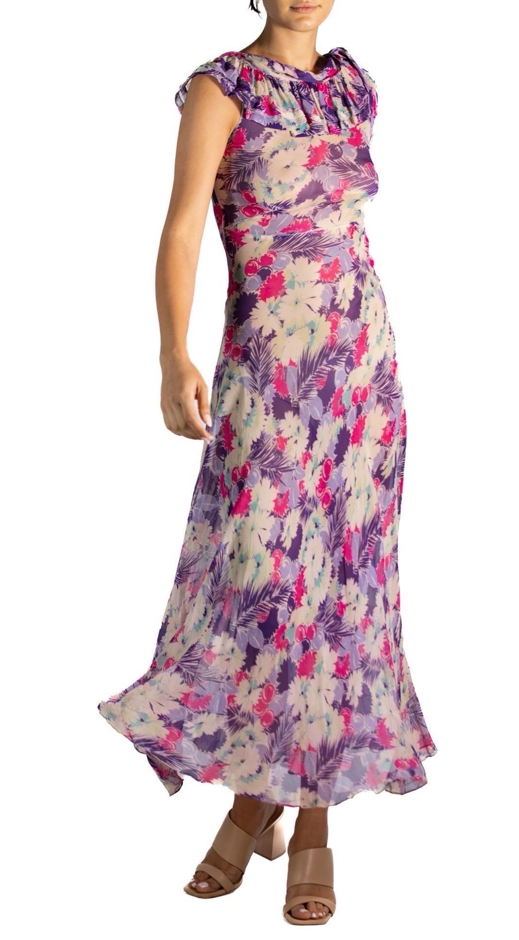 1930S Floral Print Bias Cut Silk Chiffon Maxi Dress For Sale 2