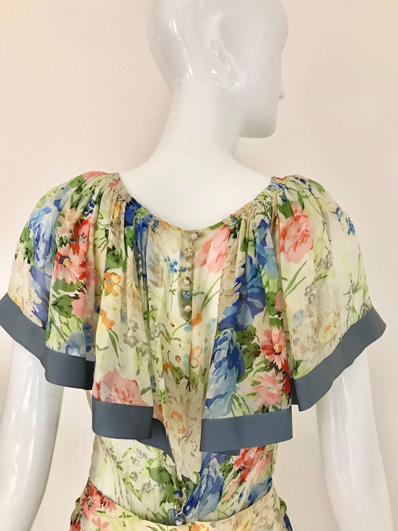Beige 1930s Floral Print Silk Dress
