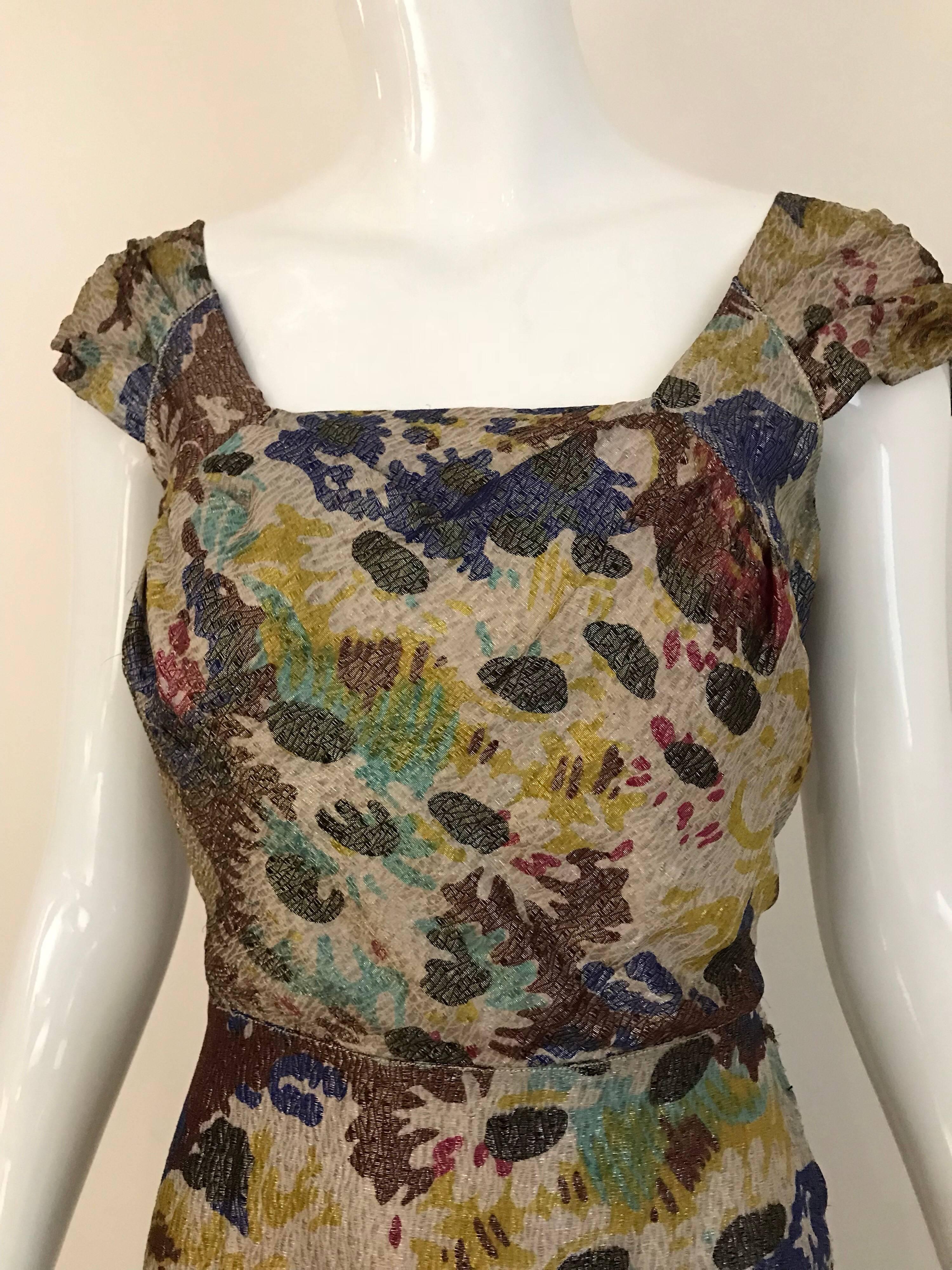 1930s Floral Print Silk Lamé Cocktail Day Dress For Sale 1