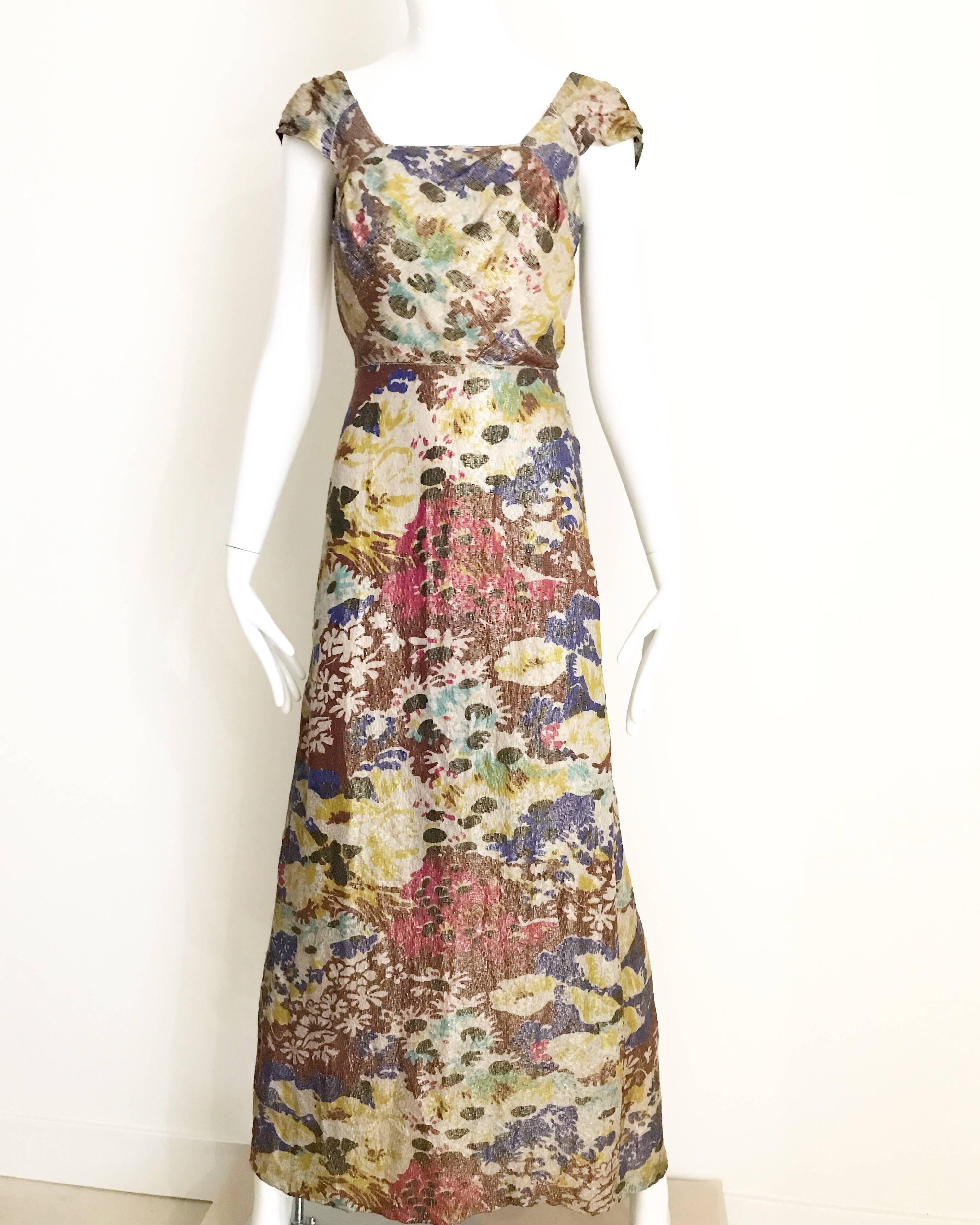 Brown 1930s Floral Print Silk Lamé Cocktail Day Dress For Sale