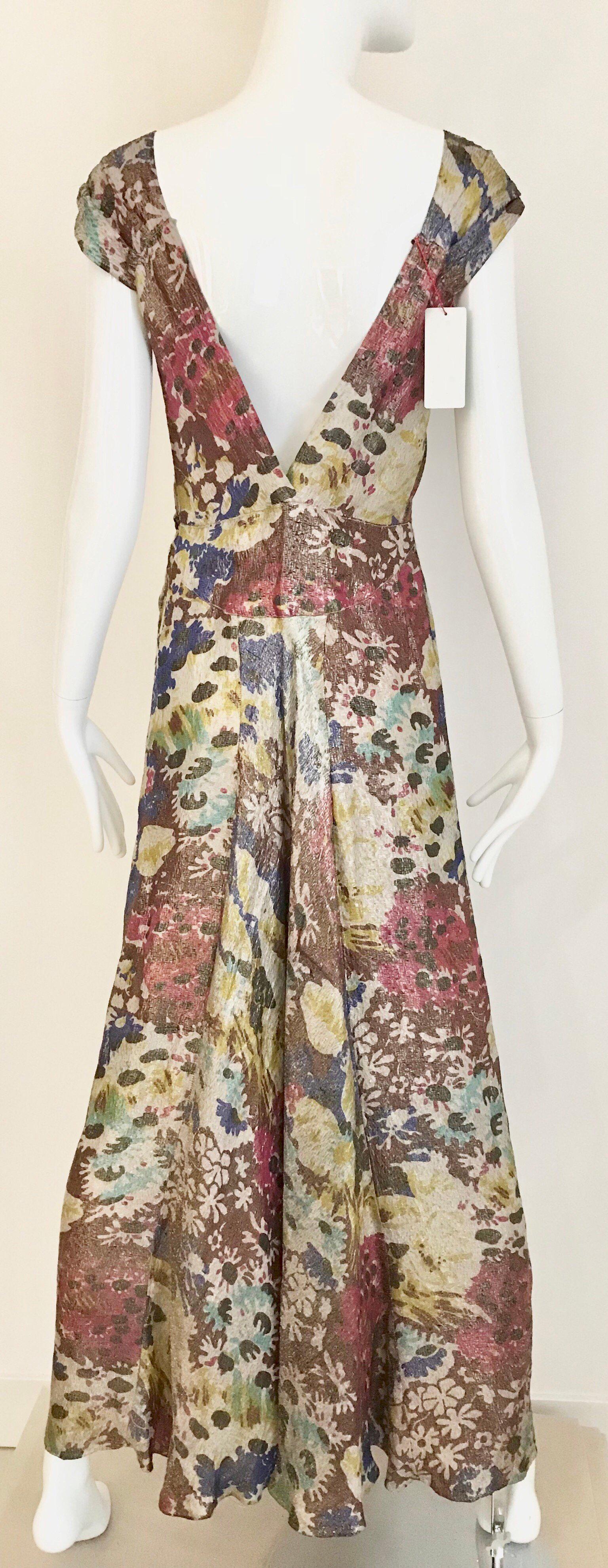1930s Floral Print Silk Lamé Cocktail Day Dress For Sale 2