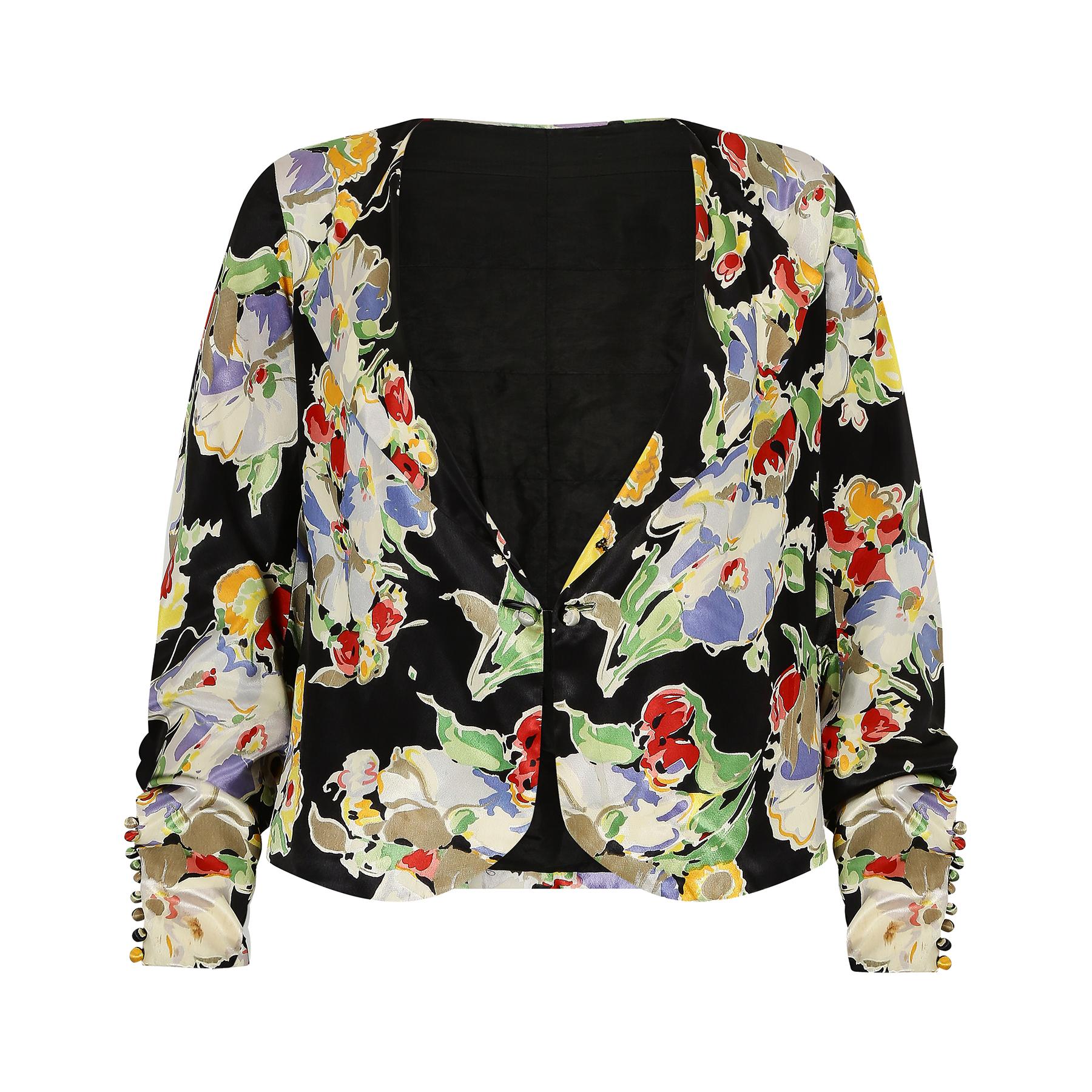 Women's 1930s Floral Satin Jacket with Buttoned Cuffs For Sale