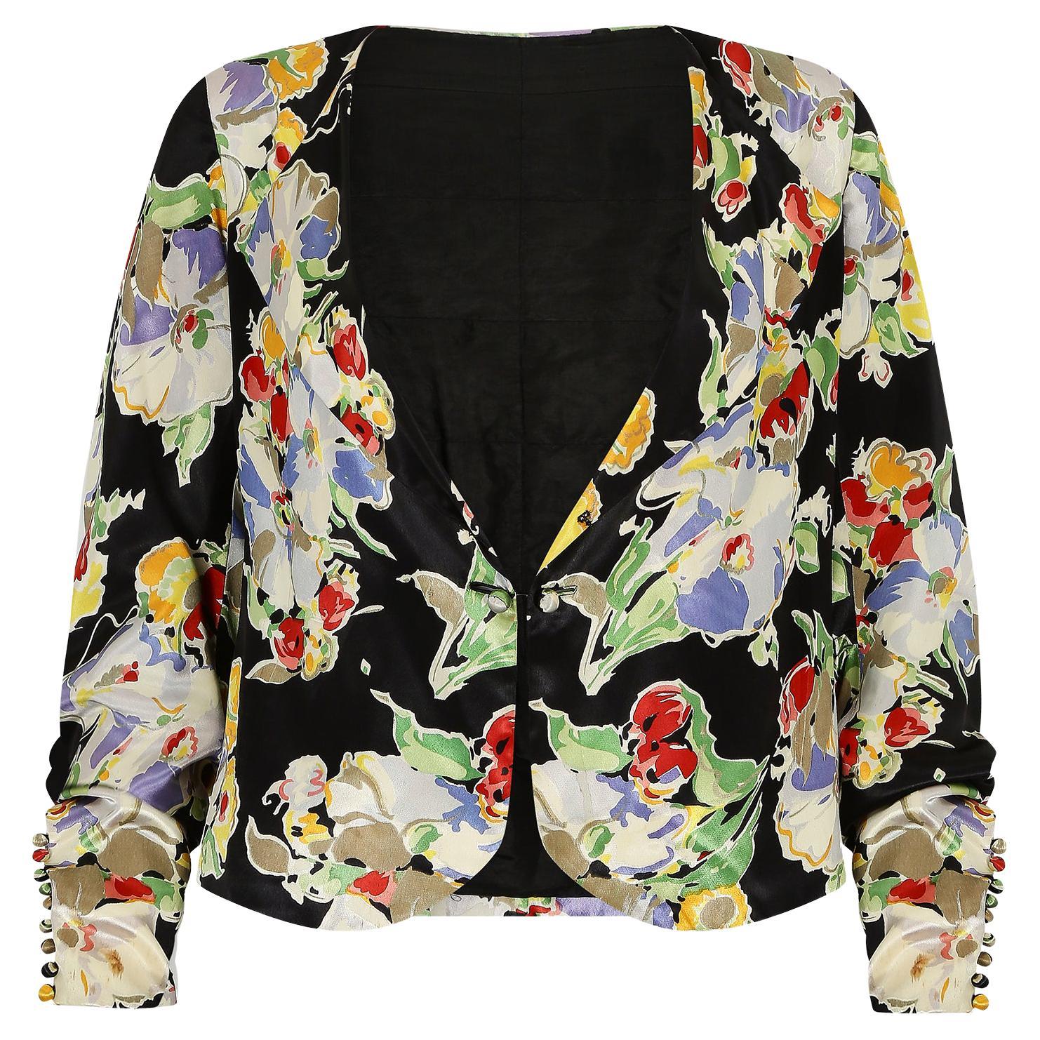 1930s Floral Satin Jacket with Buttoned Cuffs For Sale