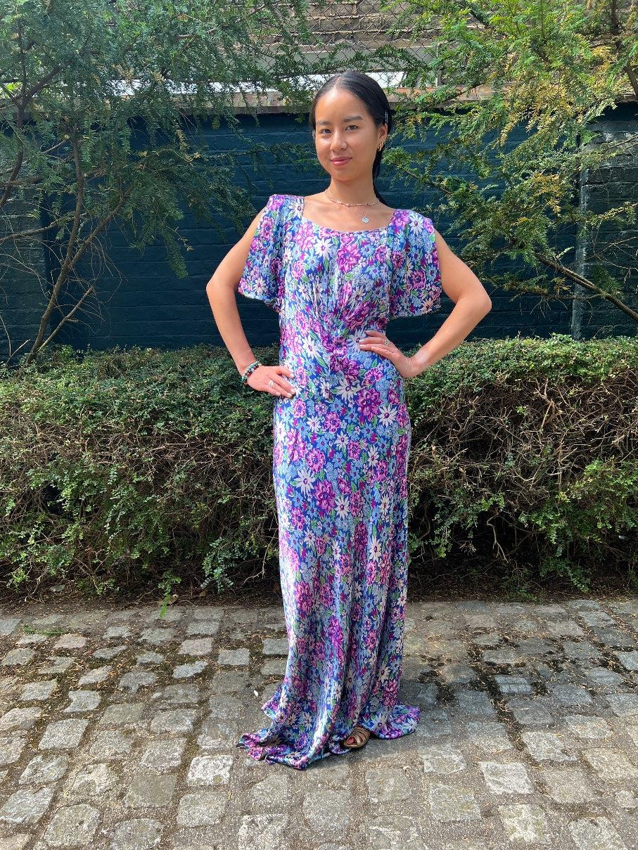 Gray 1930s Floral Satin Maxi Dress For Sale