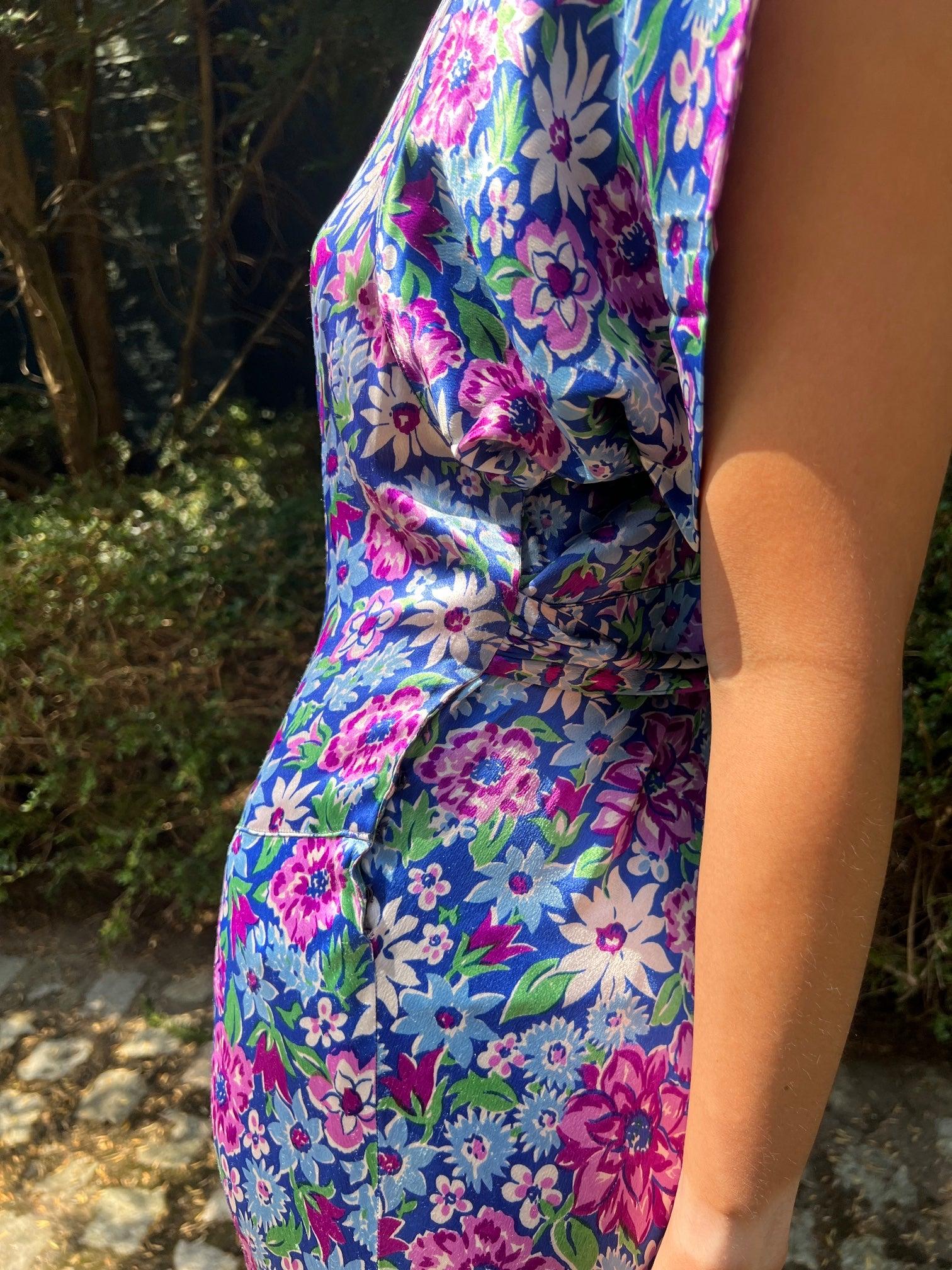 1930s Floral Satin Maxi Dress For Sale 1