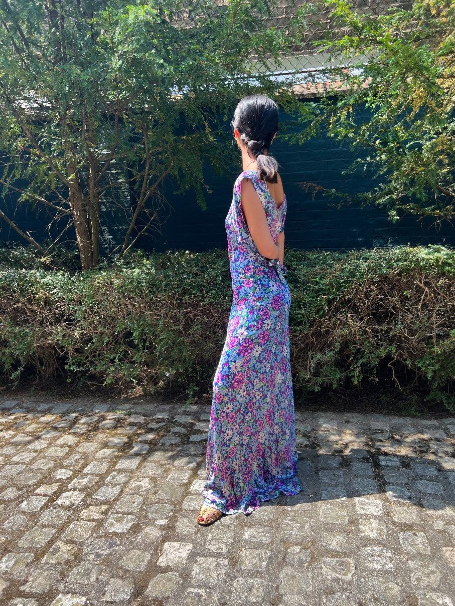 1930s Floral Satin Maxi Dress For Sale 2
