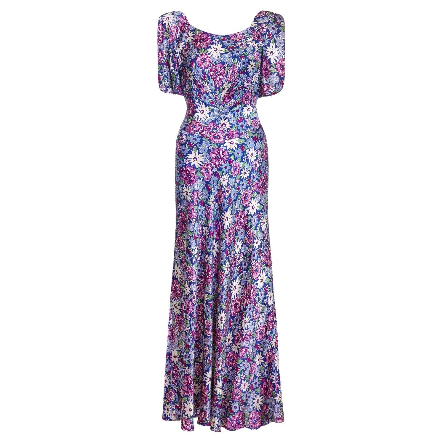 1930s Floral Satin Maxi Dress For Sale