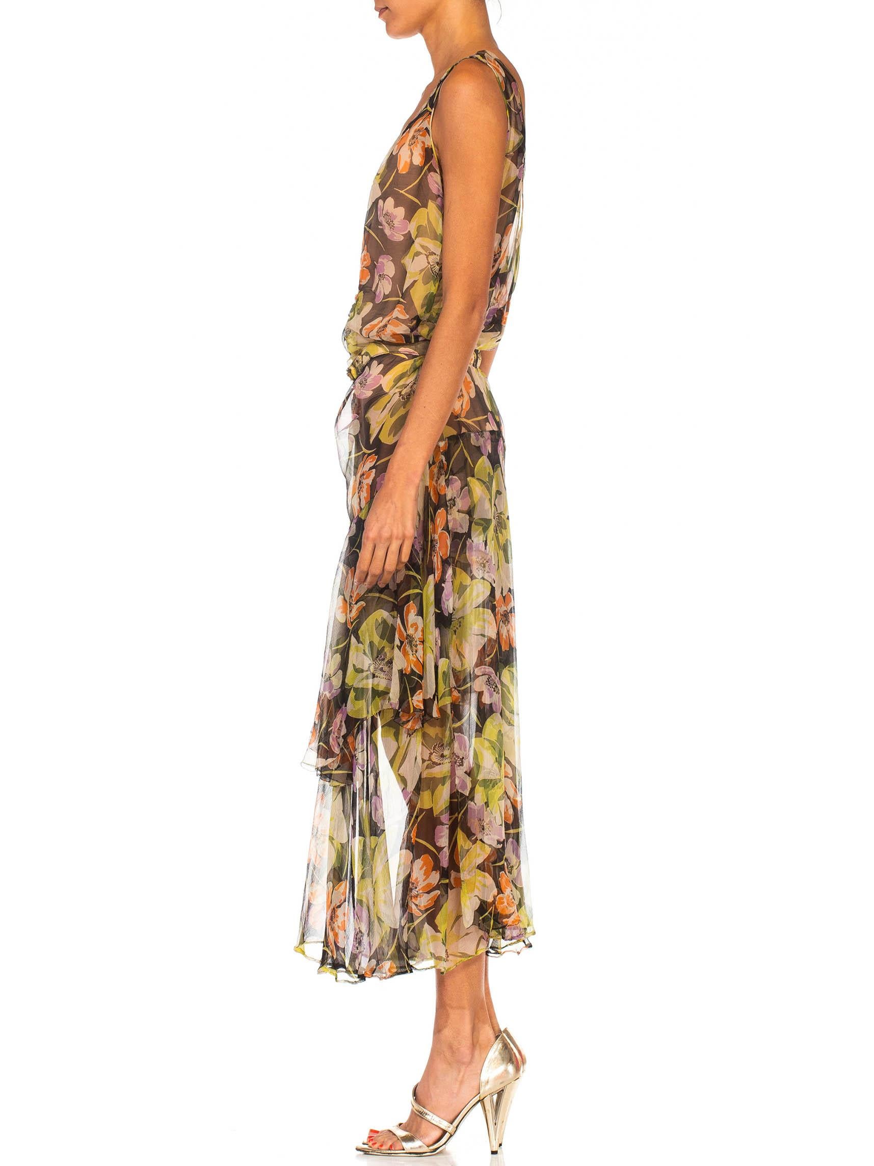 Brown 1930S Floral Silk Chiffon Dress
