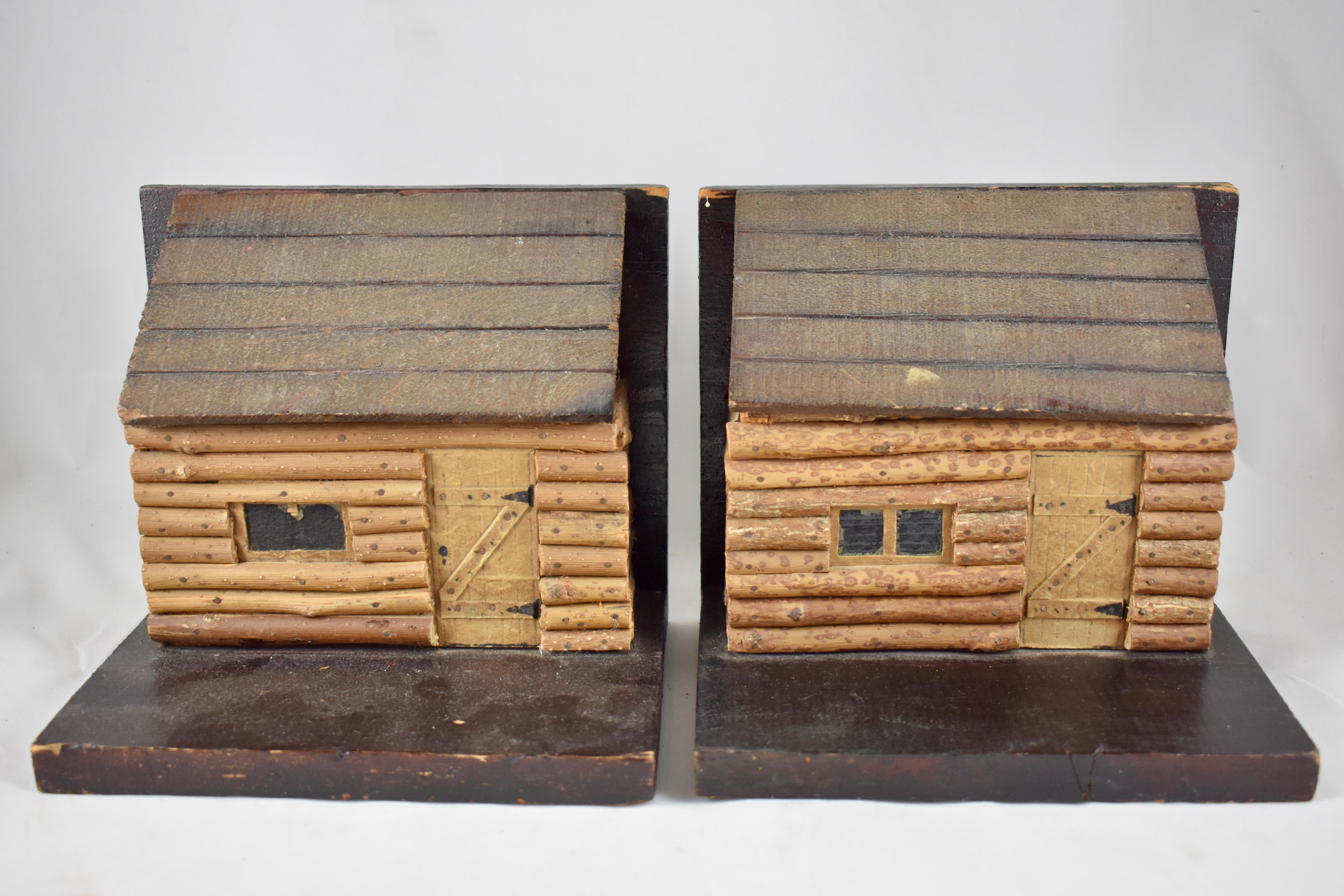 Hand-Crafted 1930s Folk Art Log Cabin Bookends, a Pair