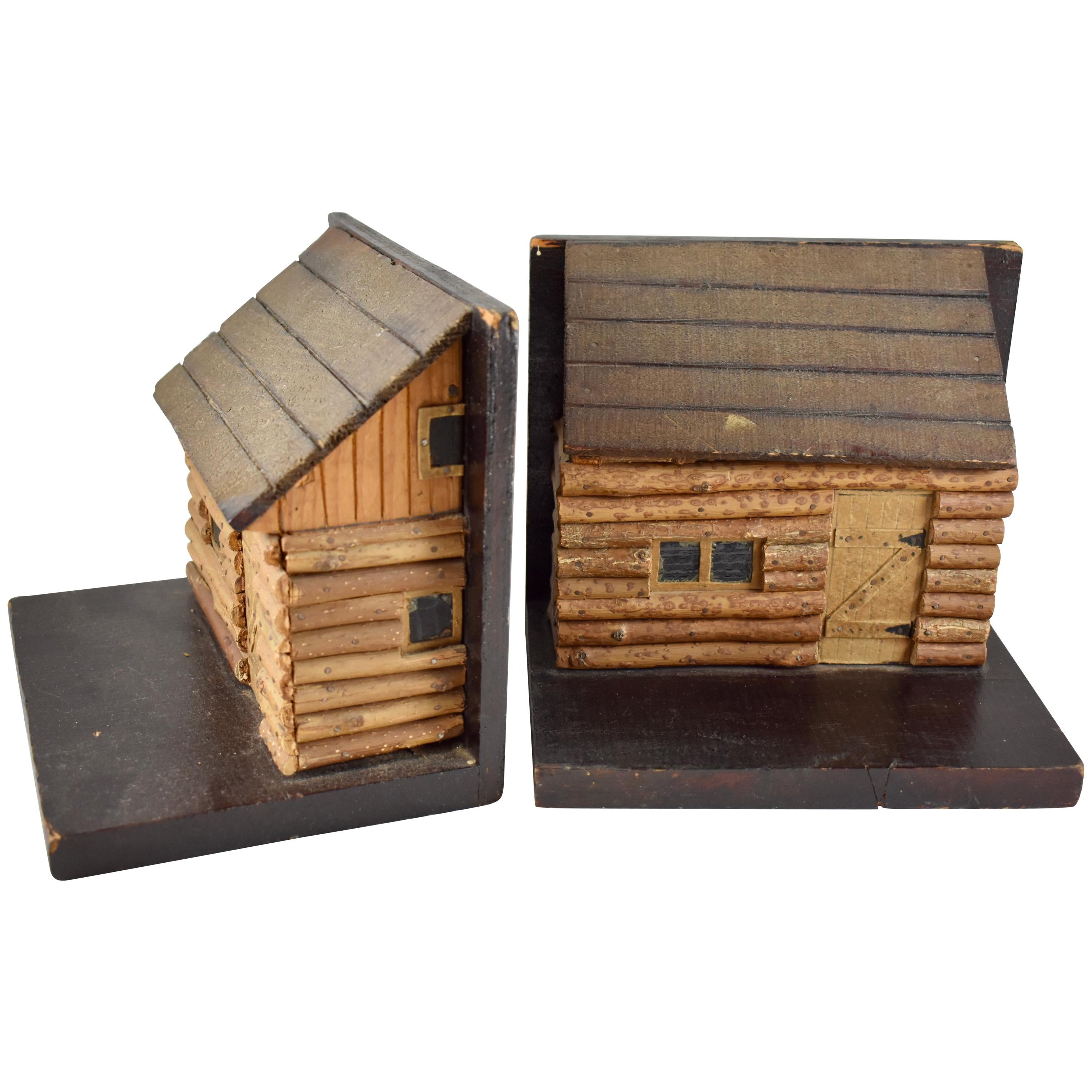 1930s Folk Art Log Cabin Bookends, a Pair