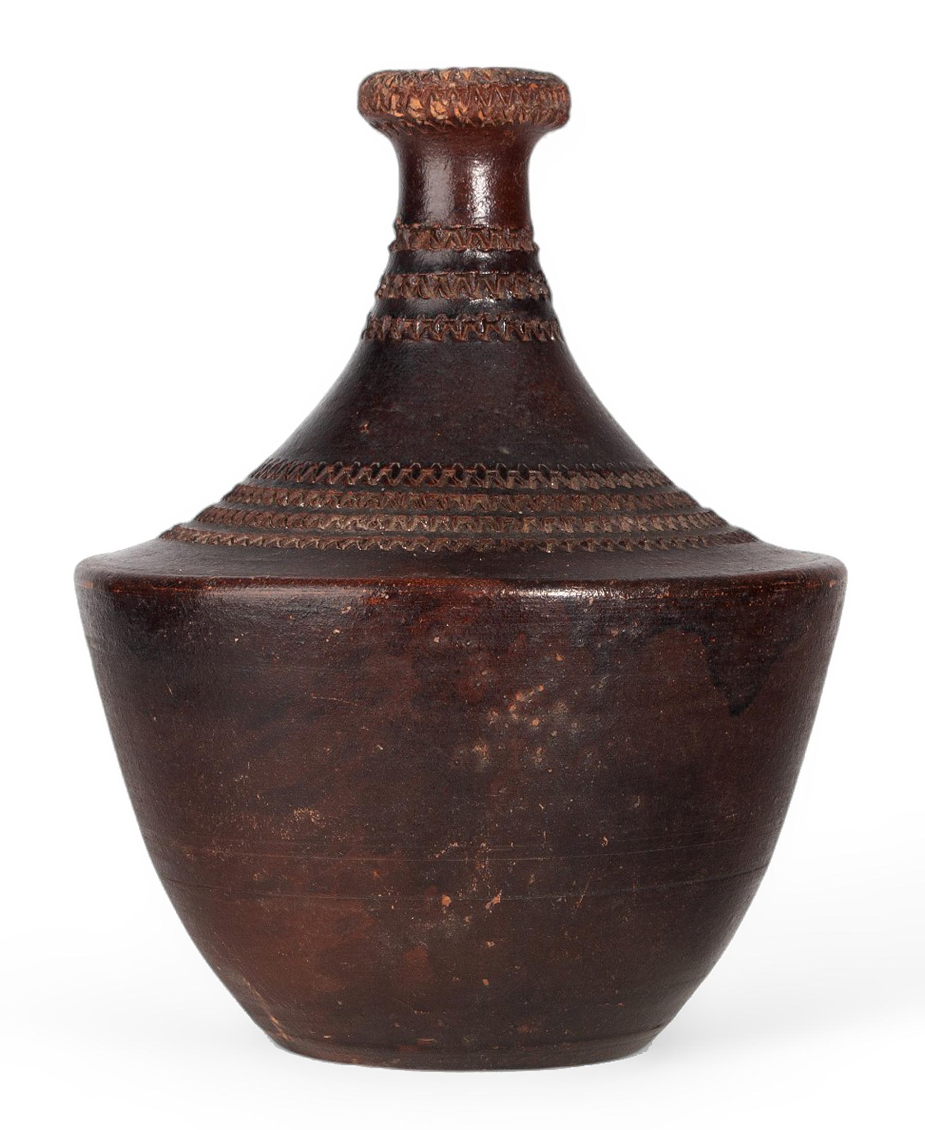Art Deco 1930s Folk Ceramic Vase with Incised Decorative Patterns by Jean Besnard, France For Sale
