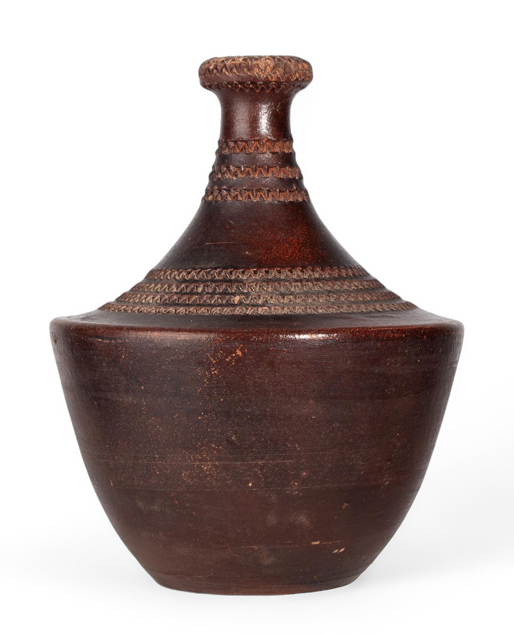 French 1930s Folk Ceramic Vase with Incised Decorative Patterns by Jean Besnard, France For Sale