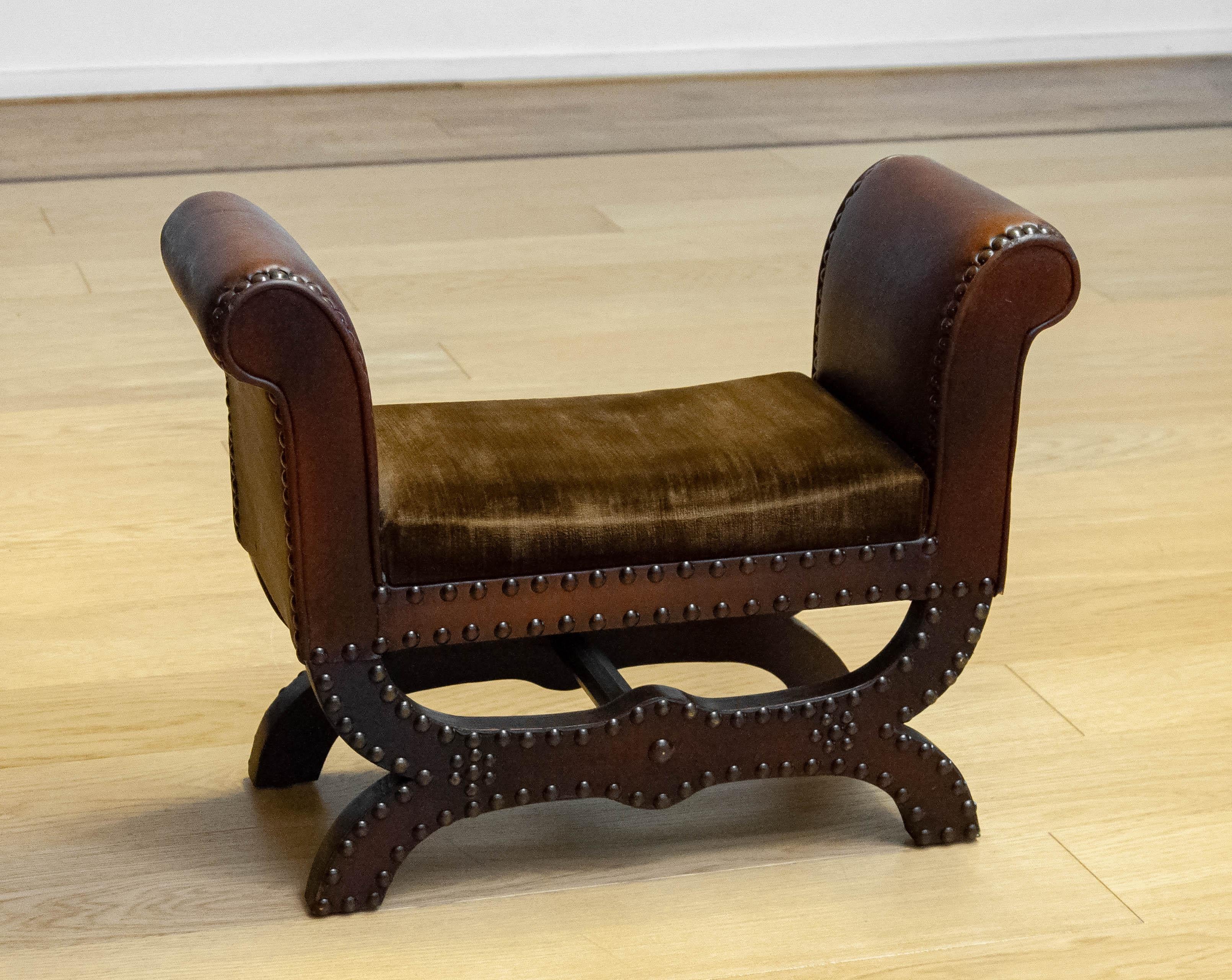 Karl Johan 1930s Foot Stool With Patinated Brown Leather By Otto Schulz For Boet Göteborg  For Sale
