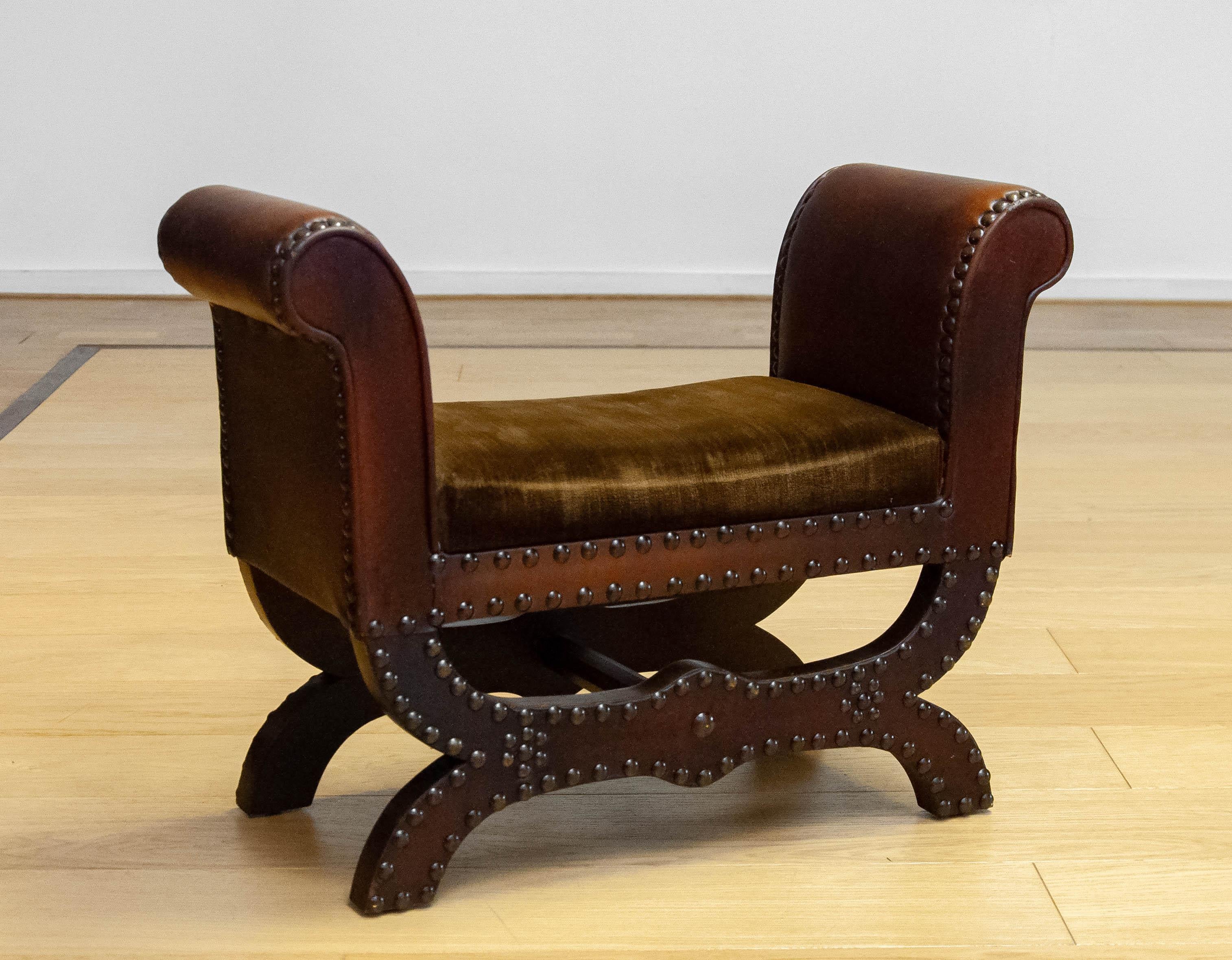 Swedish 1930s Foot Stool With Patinated Brown Leather By Otto Schulz For Boet Göteborg  For Sale