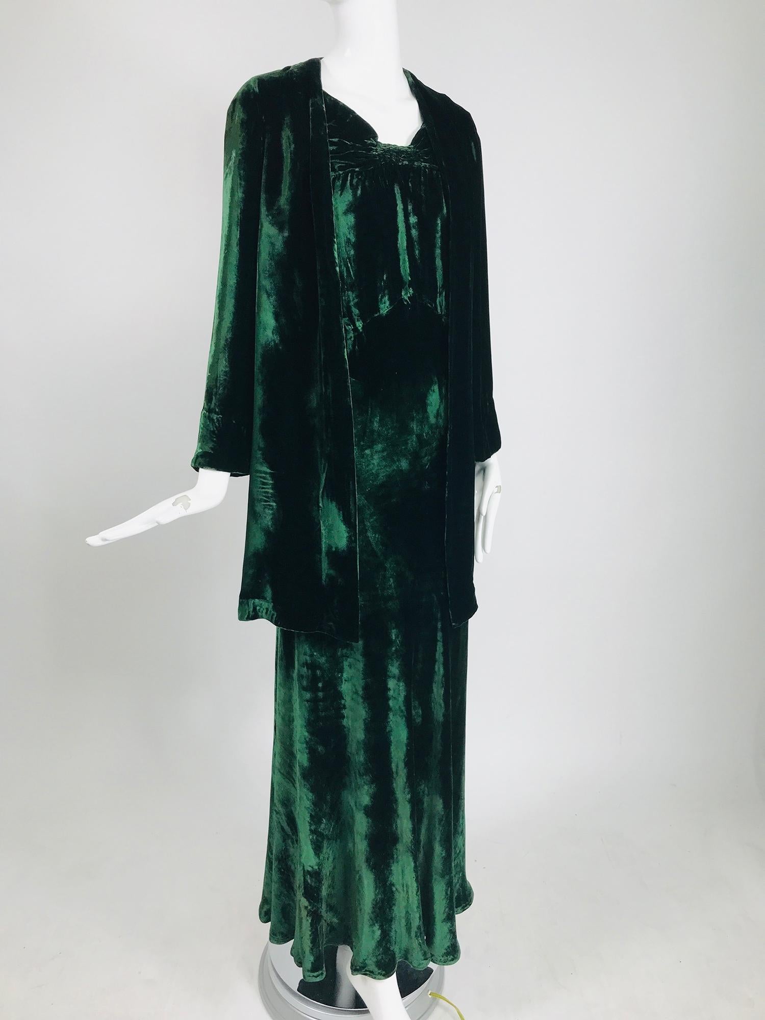 1930s Forest Green Velvet Bias Cut Dress and Jacket  2