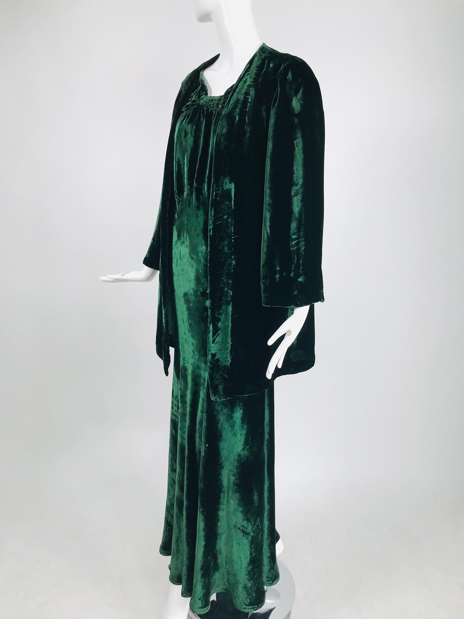 1930s Forest Green Velvet Bias Cut Dress and Jacket  6
