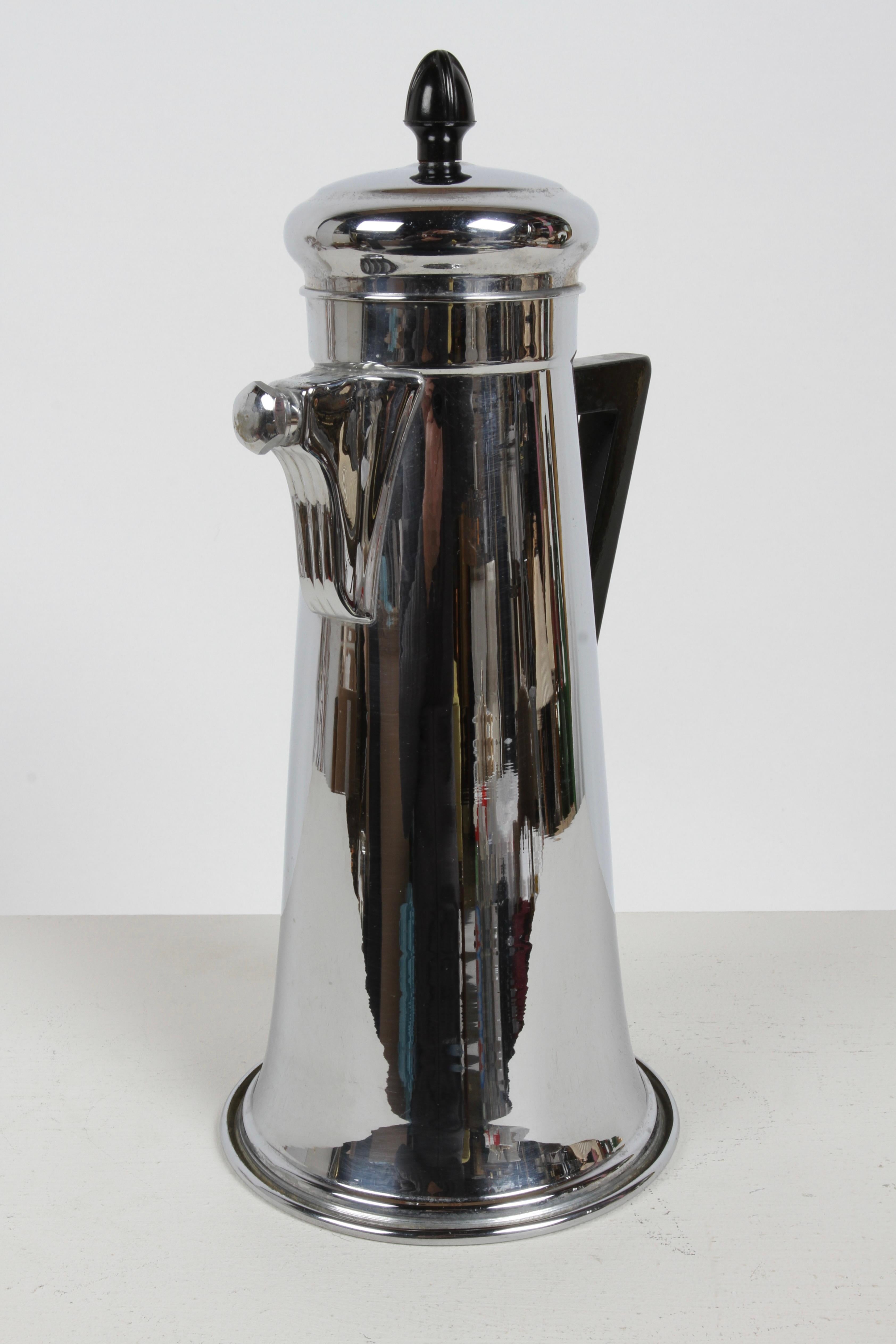 American 1930s Forman Brothers Art Deco Black Handle Chrome Cocktail Shaker with Recipes  For Sale