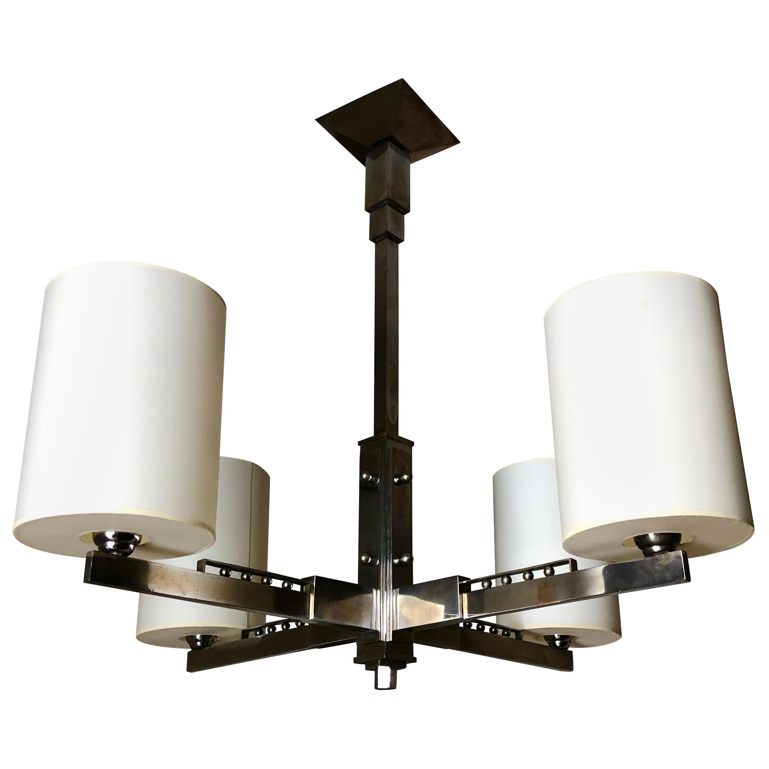 1930s Four-Arm Modernist Nickeled Bronze Chandelier For Sale