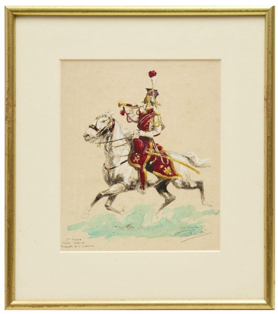 1930's Frankreich, Paar signierte Eugène Pechaubès Hand-Colored Kavallerie Drucke (Empire Revival) im Angebot