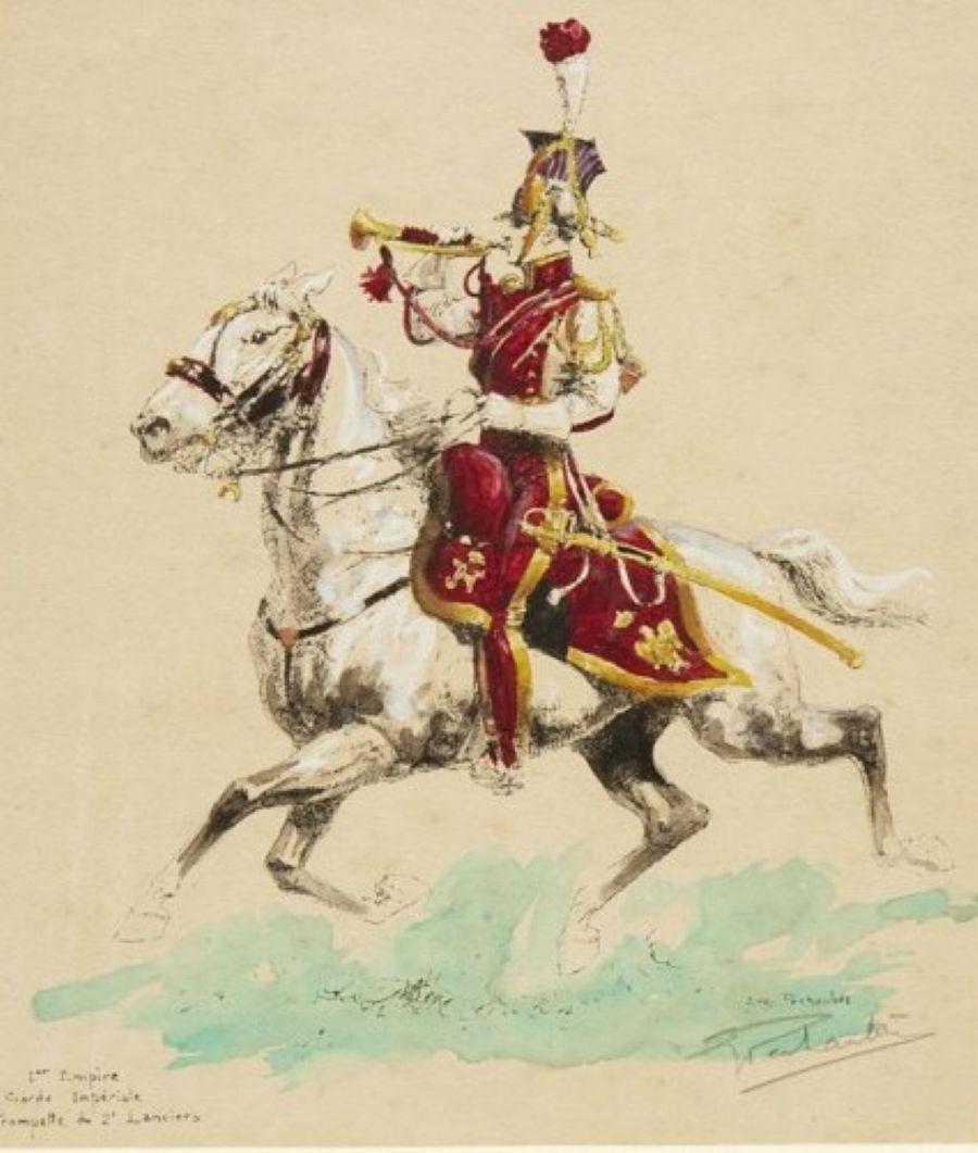 1930's Frankreich, Paar signierte Eugène Pechaubès Hand-Colored Kavallerie Drucke (Handbemalt) im Angebot