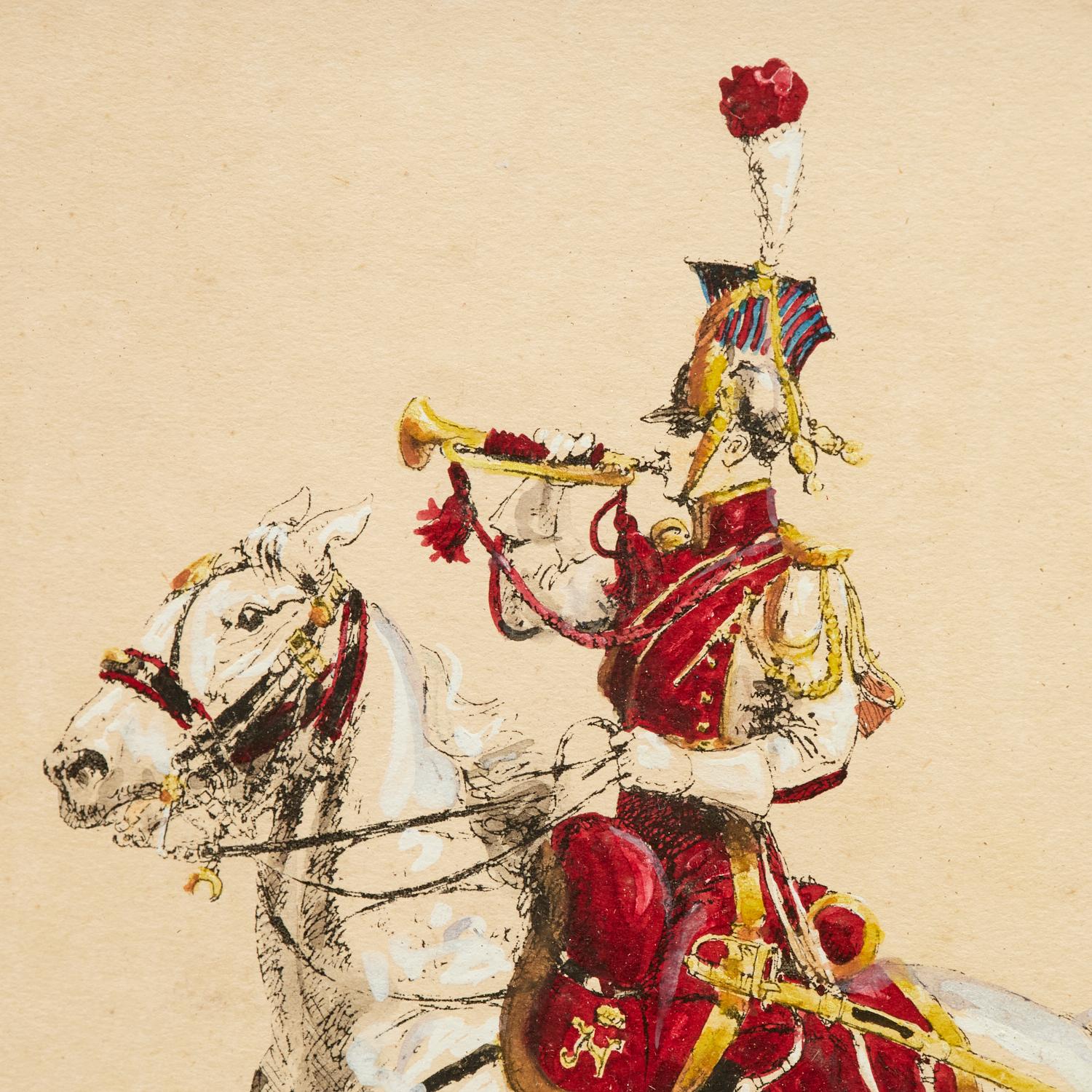 1930's Frankreich, Paar signierte Eugène Pechaubès Hand-Colored Kavallerie Drucke (Mitte des 20. Jahrhunderts) im Angebot