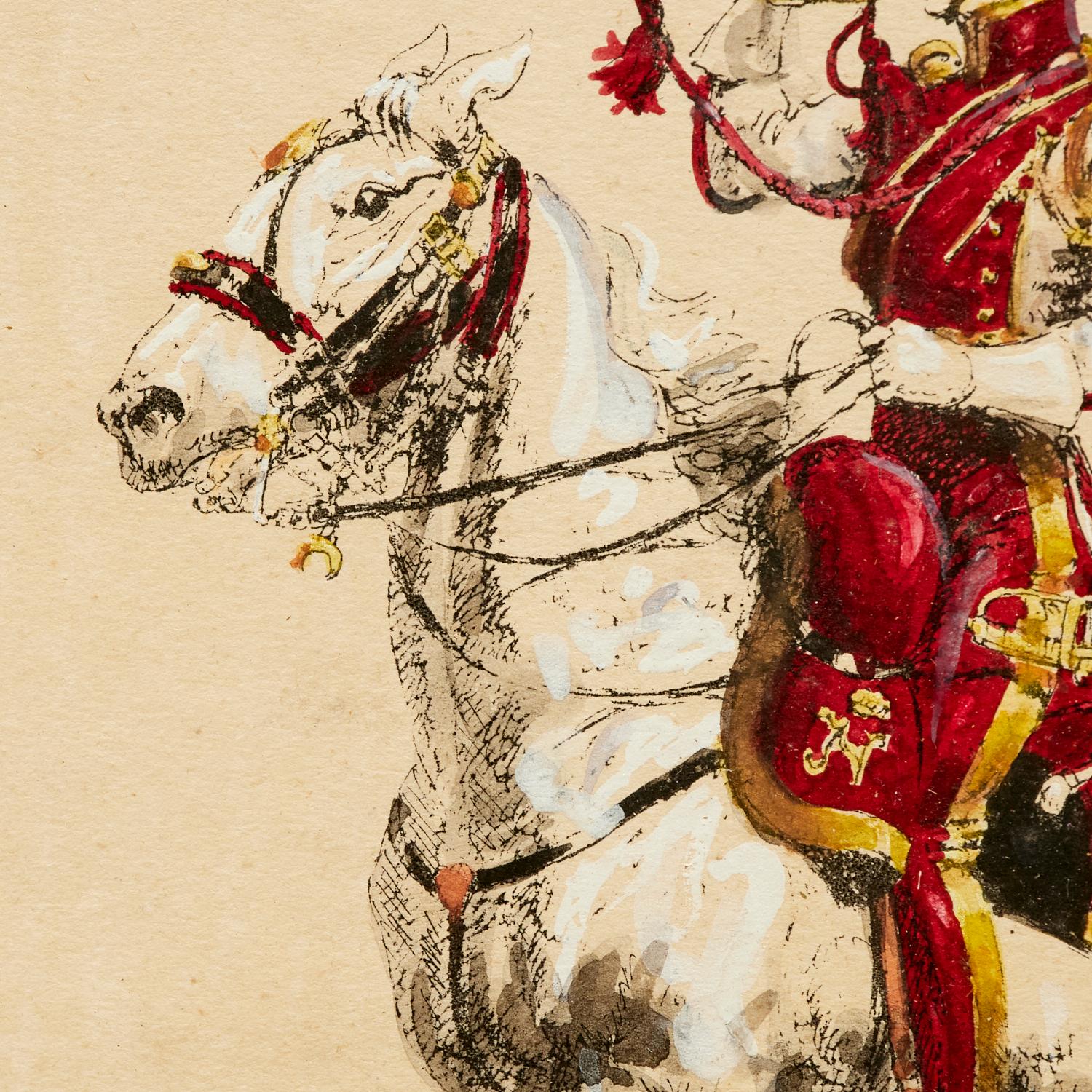 1930's Frankreich, Paar signierte Eugène Pechaubès Hand-Colored Kavallerie Drucke (Glas) im Angebot
