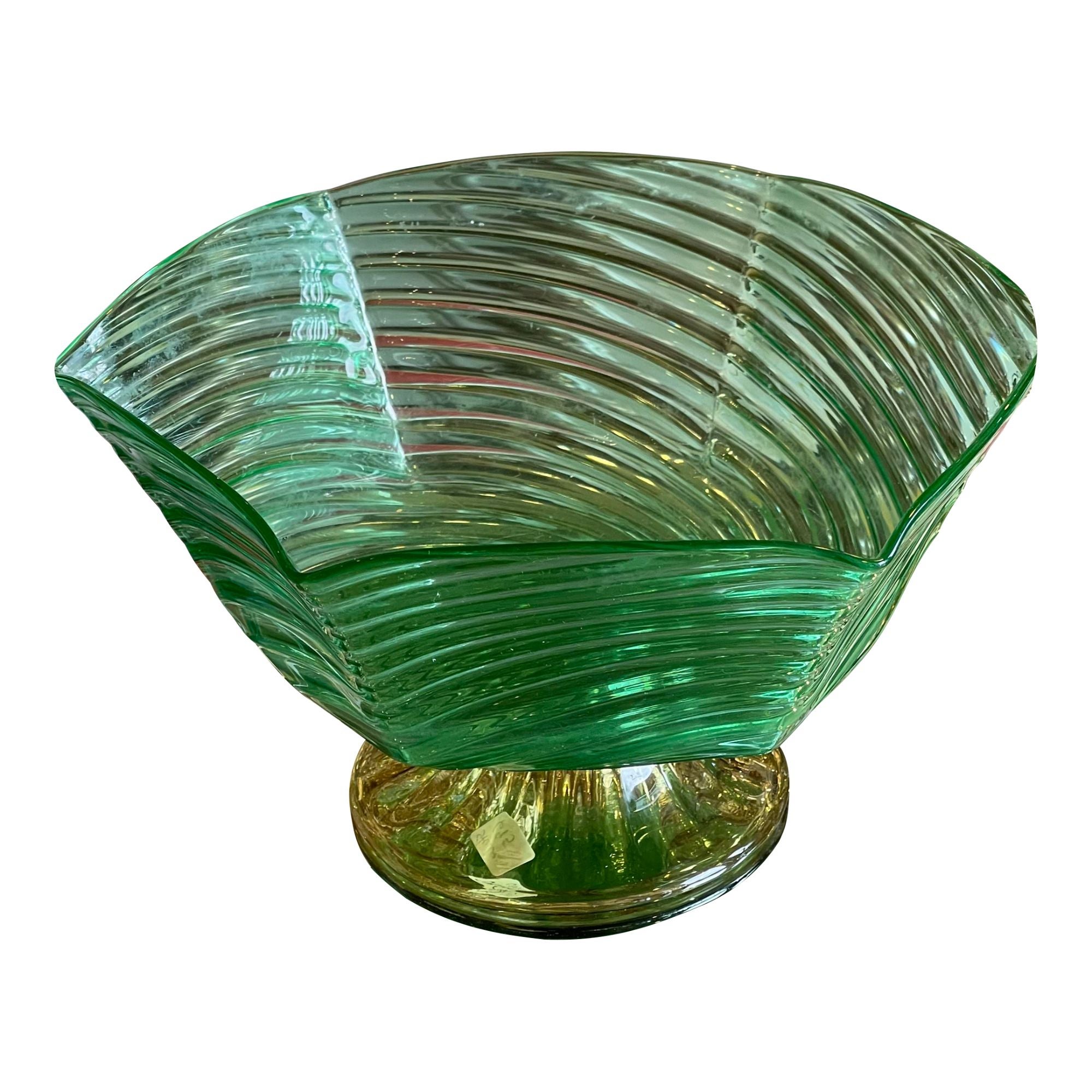 1930s Frederick Carder for Steuben Pomona Green & Yellow Glass Centerpiece Bowl