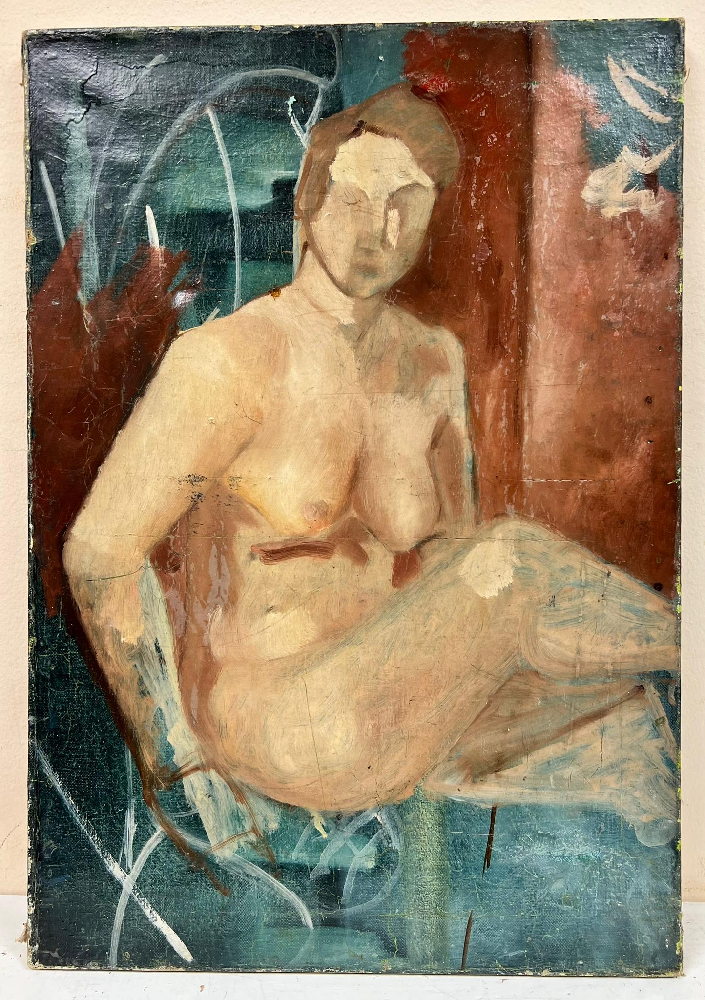 1930's French Modernist Oil Portrait of Nude Lady abstract setting For Sale 1