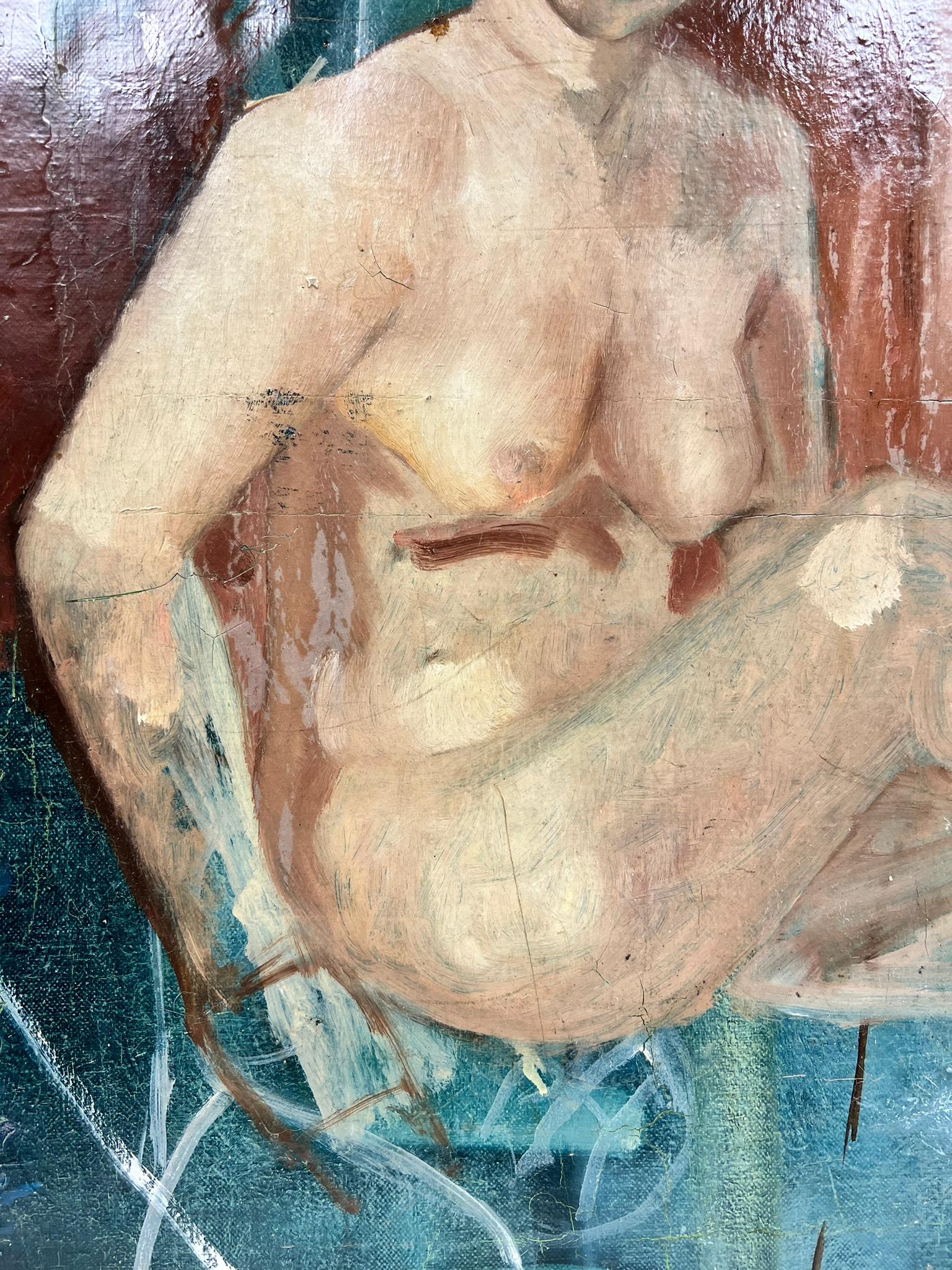 1930 Retrato al óleo modernista francés de dama desnuda entorno abstracto - Painting Moderno de 1930's French