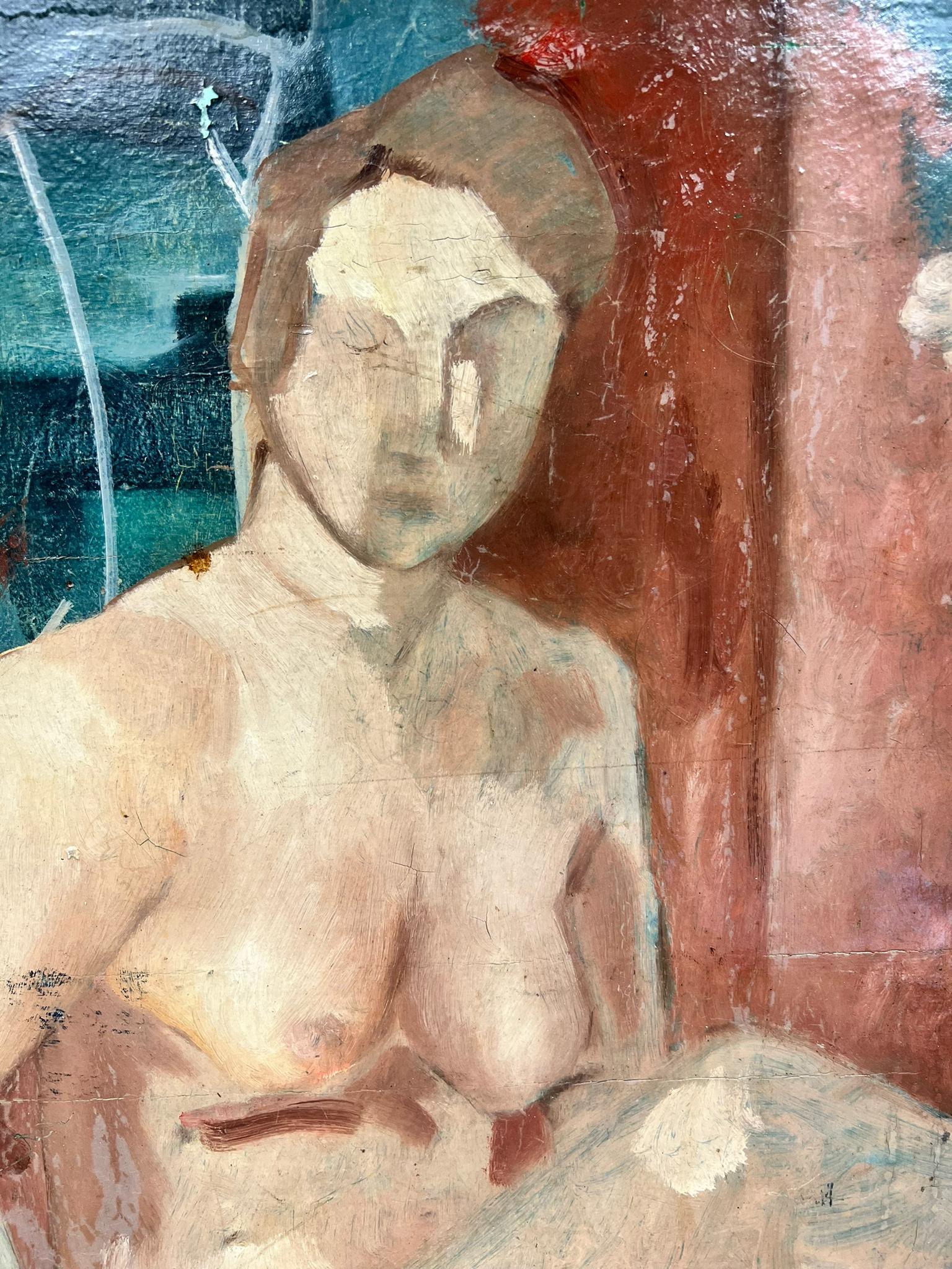 1930's French Modernist Oil Portrait of Nude Lady abstract setting For Sale 3