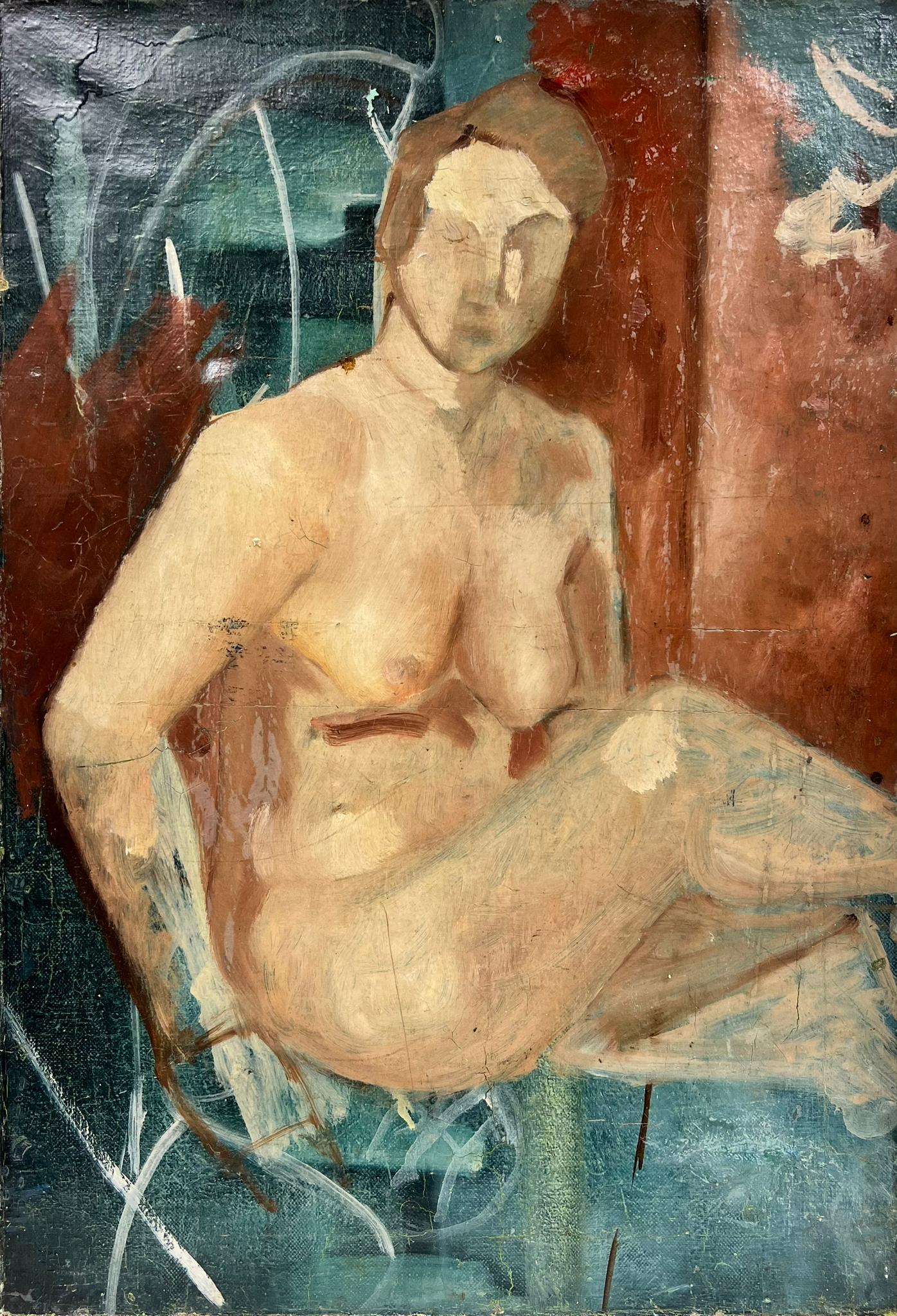 Französisches modernistisches Ölporträt einer nackten Dame in abstrakter Umgebung, 1930er Jahre