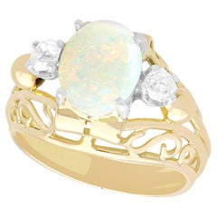 Vintage 1930s, French, 1.82 Carat Cabochon Cut Opal and Diamond 18K Yellow Gold Ring