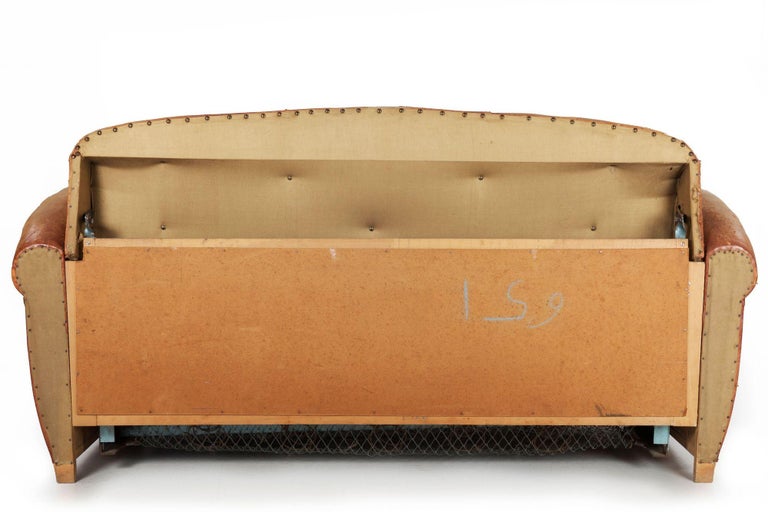 1930s French Antique Art Deco Worn Leather Sofa, Converts to Bed For