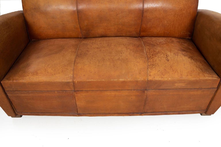 1930s French Antique Art Deco Worn Leather Sofa, Converts to Bed For