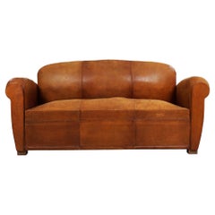 1930s French Vintage Art Deco Worn Leather Sofa, Converts to Bed