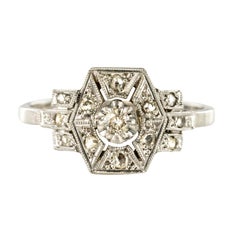 Vintage 1930s French Art Deco 18 Karat White Gold Platinum Diamond Ring