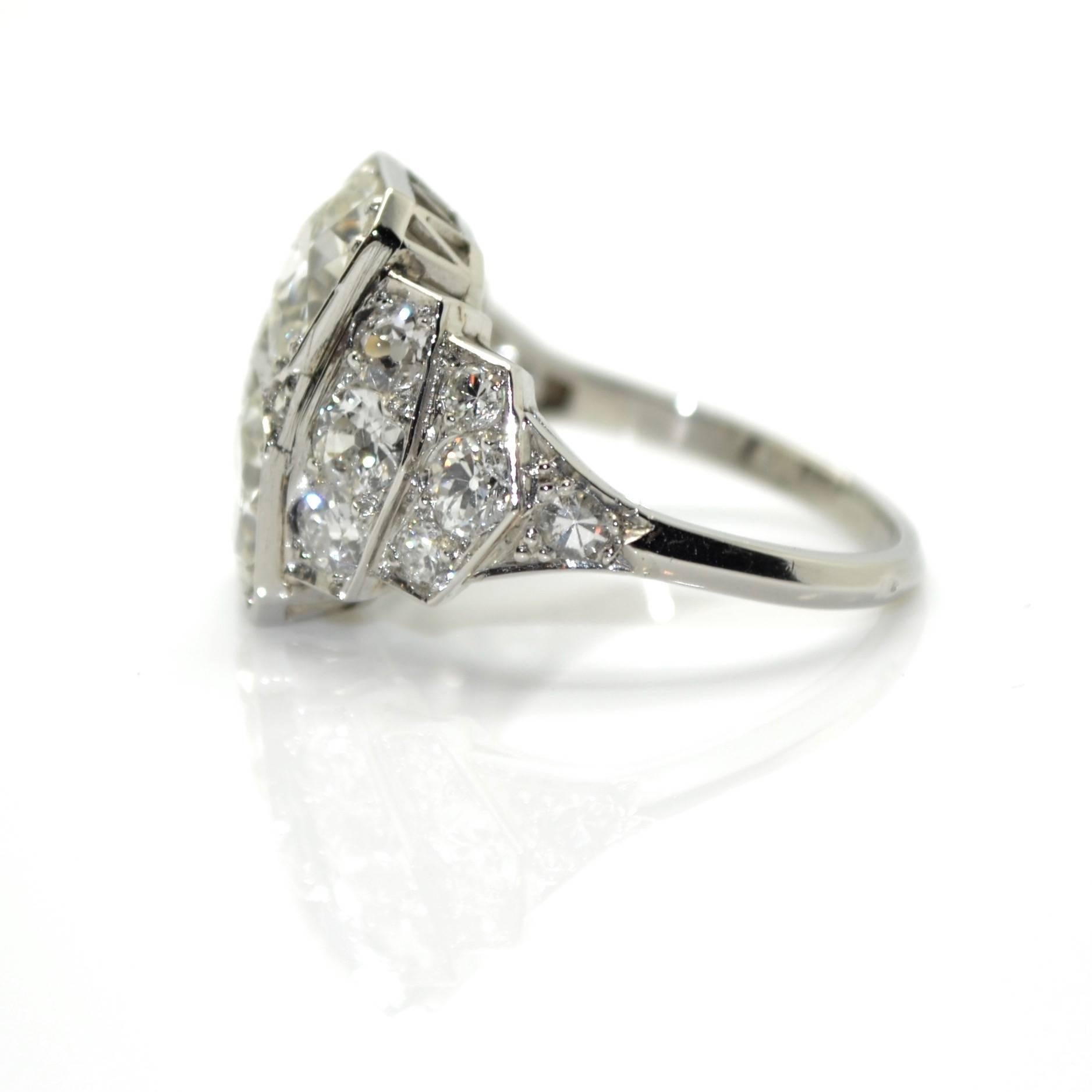 Old European Cut 1930s French Art Deco 3.60 Carat Diamond Platinum Ring For Sale