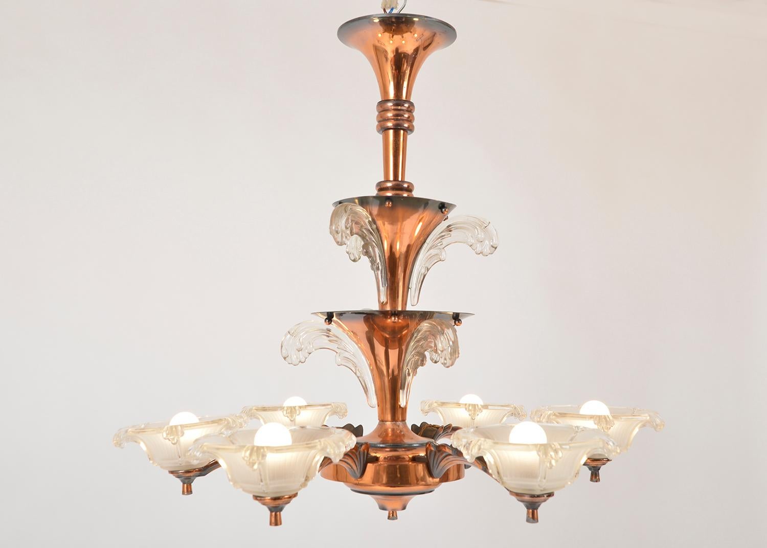1930s French Art Deco 6-Arm Chandelier by Petitot and Ezan Copper and Glass For Sale 6