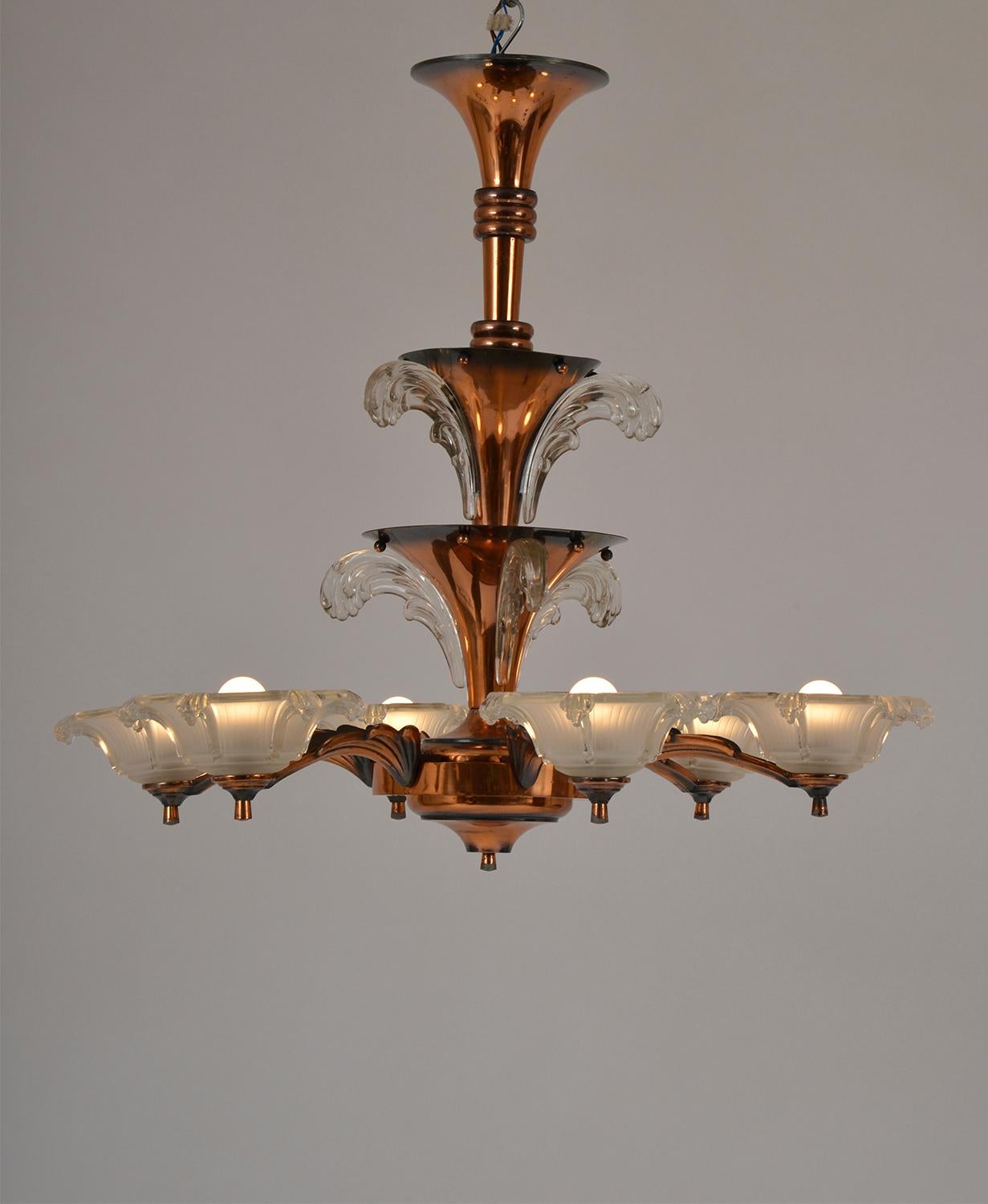 1930s French Art Deco 6-Arm Chandelier by Petitot and Ezan Copper and Glass For Sale 7