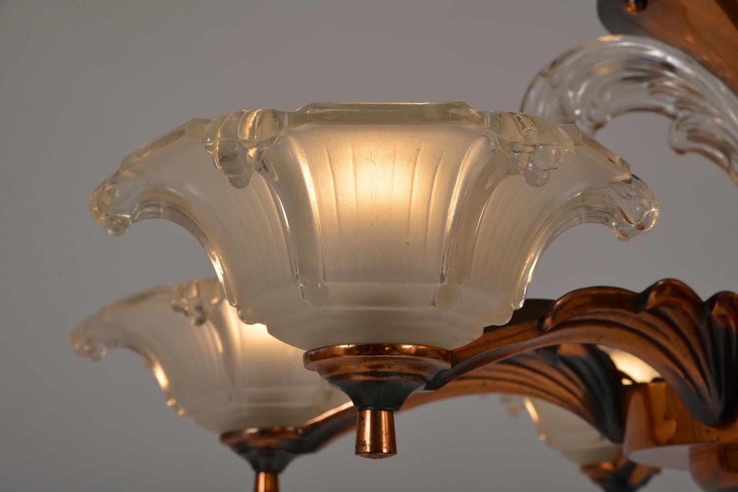 1930s French Art Deco 6-Arm Chandelier by Petitot and Ezan Copper and Glass For Sale 9