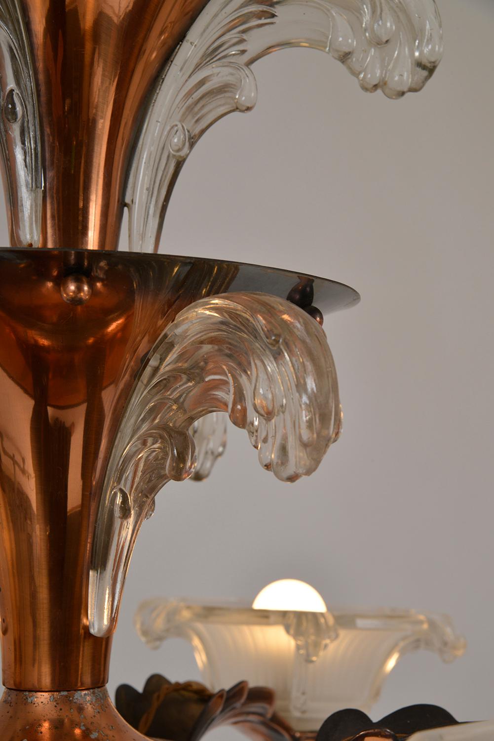 1930s French Art Deco 6-Arm Chandelier by Petitot and Ezan Copper and Glass For Sale 10