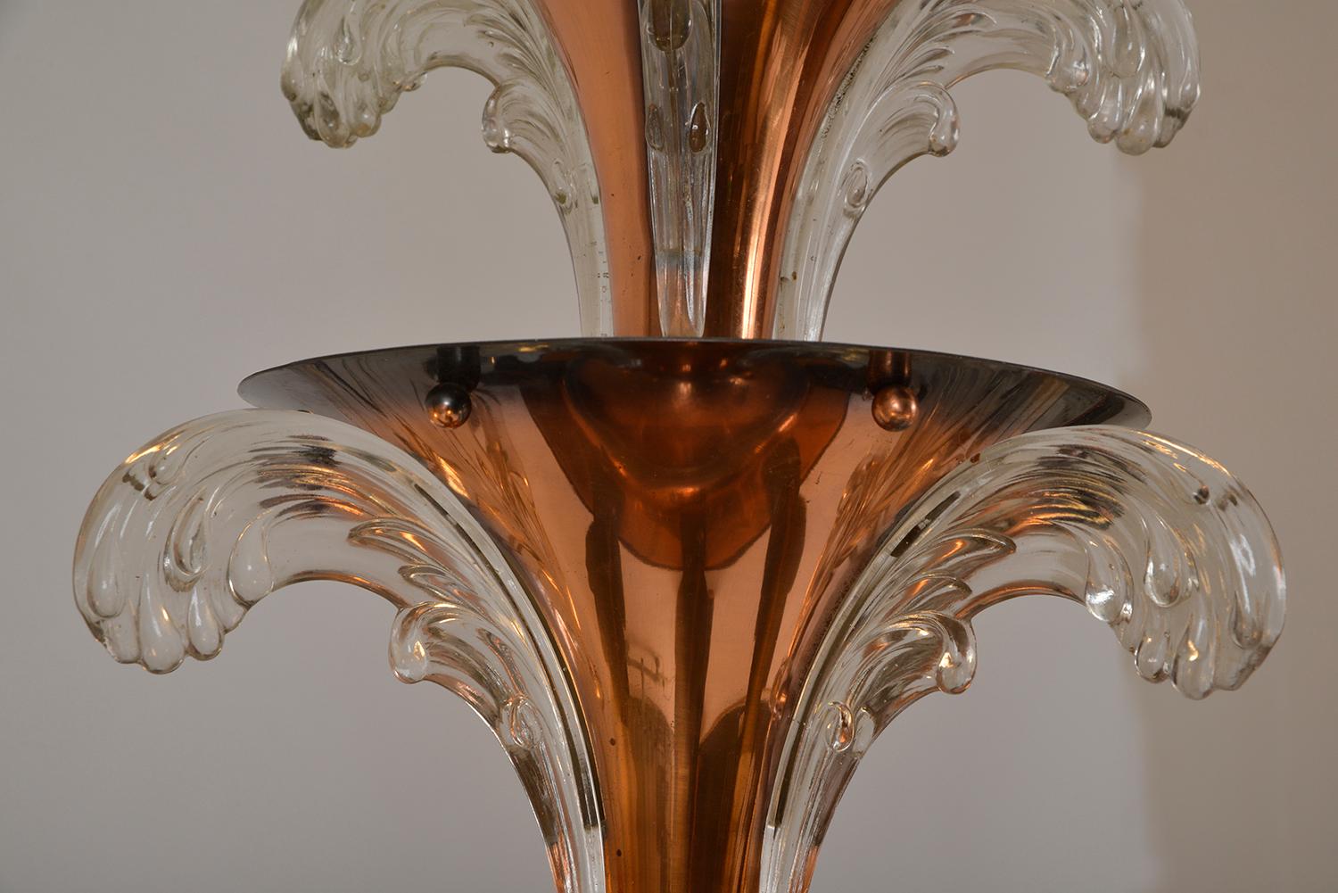 1930s French Art Deco 6-Arm Chandelier by Petitot and Ezan Copper and Glass For Sale 11