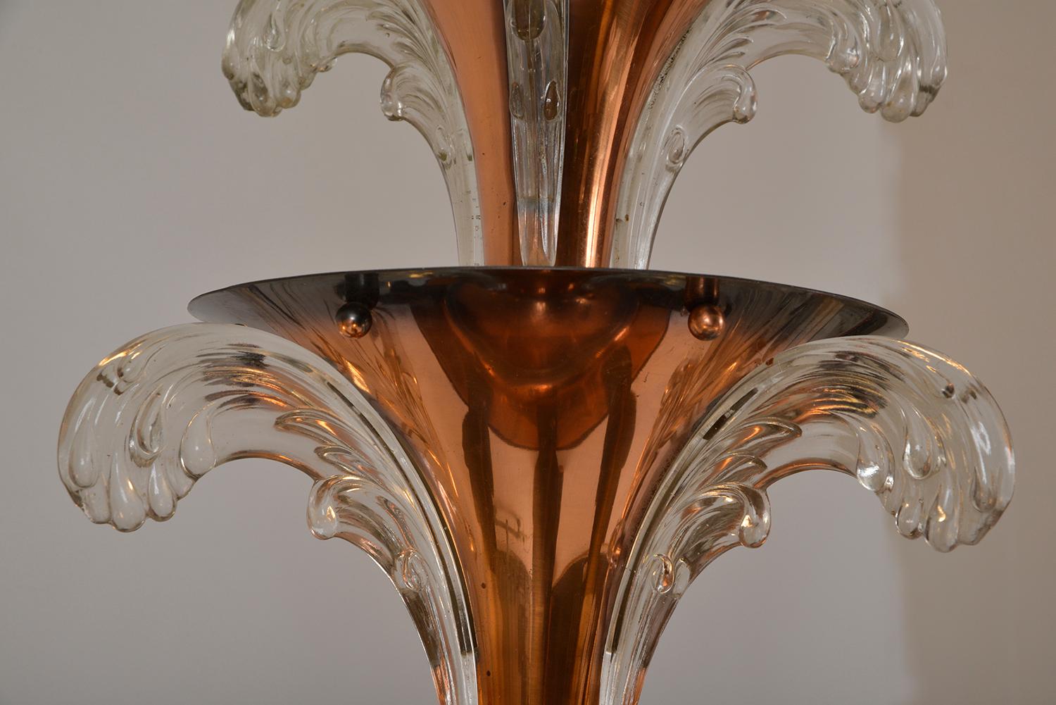 1930s French Art Deco 6-Arm Chandelier by Petitot and Ezan Copper and Glass 11