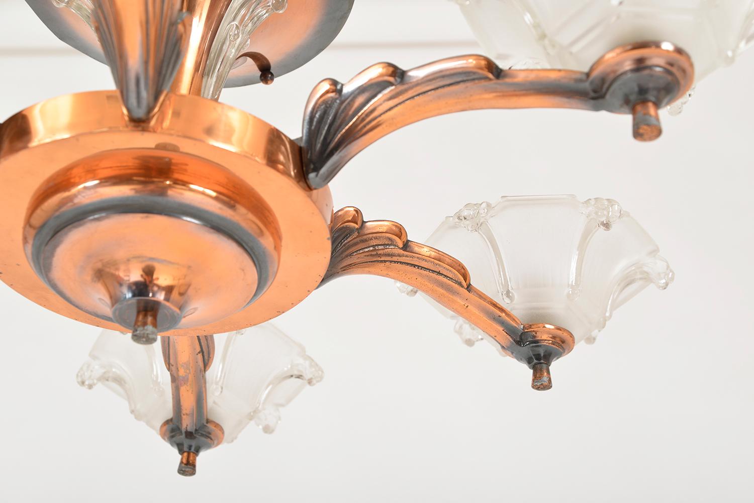 1930s French Art Deco 6-Arm Chandelier by Petitot and Ezan Copper and Glass For Sale 13