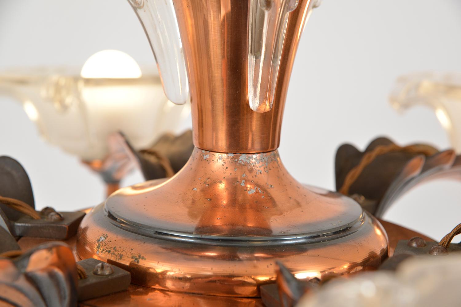 1930s French Art Deco 6-Arm Chandelier by Petitot and Ezan Copper and Glass 15