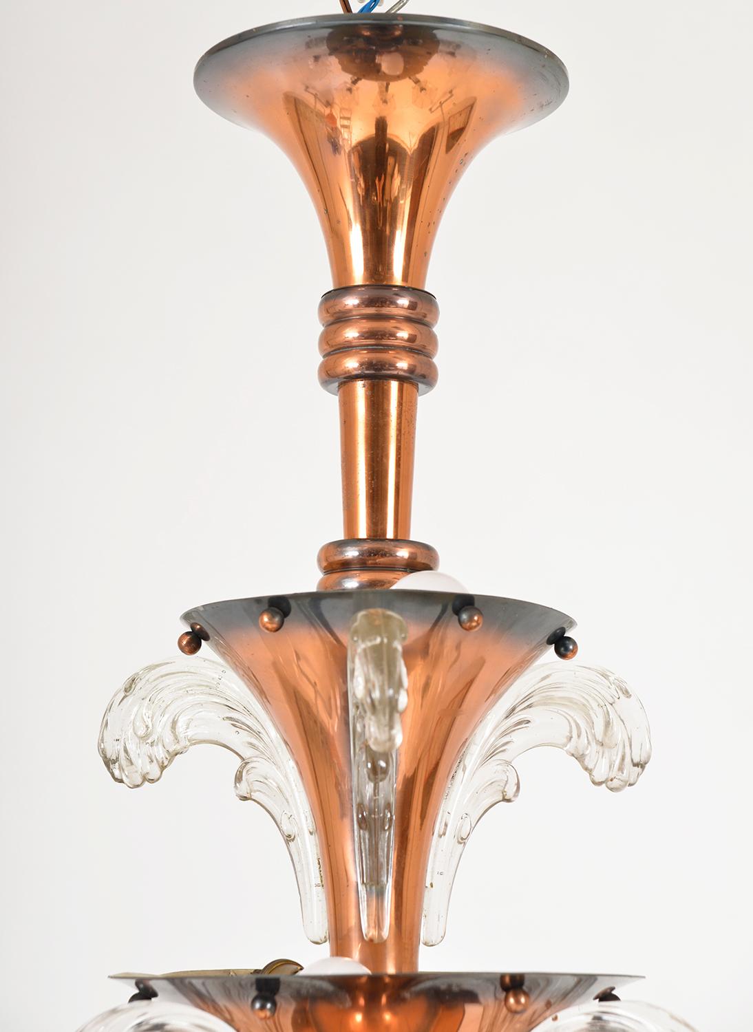 1930s French Art Deco 6-Arm Chandelier by Petitot and Ezan Copper and Glass In Good Condition For Sale In Sherborne, Dorset