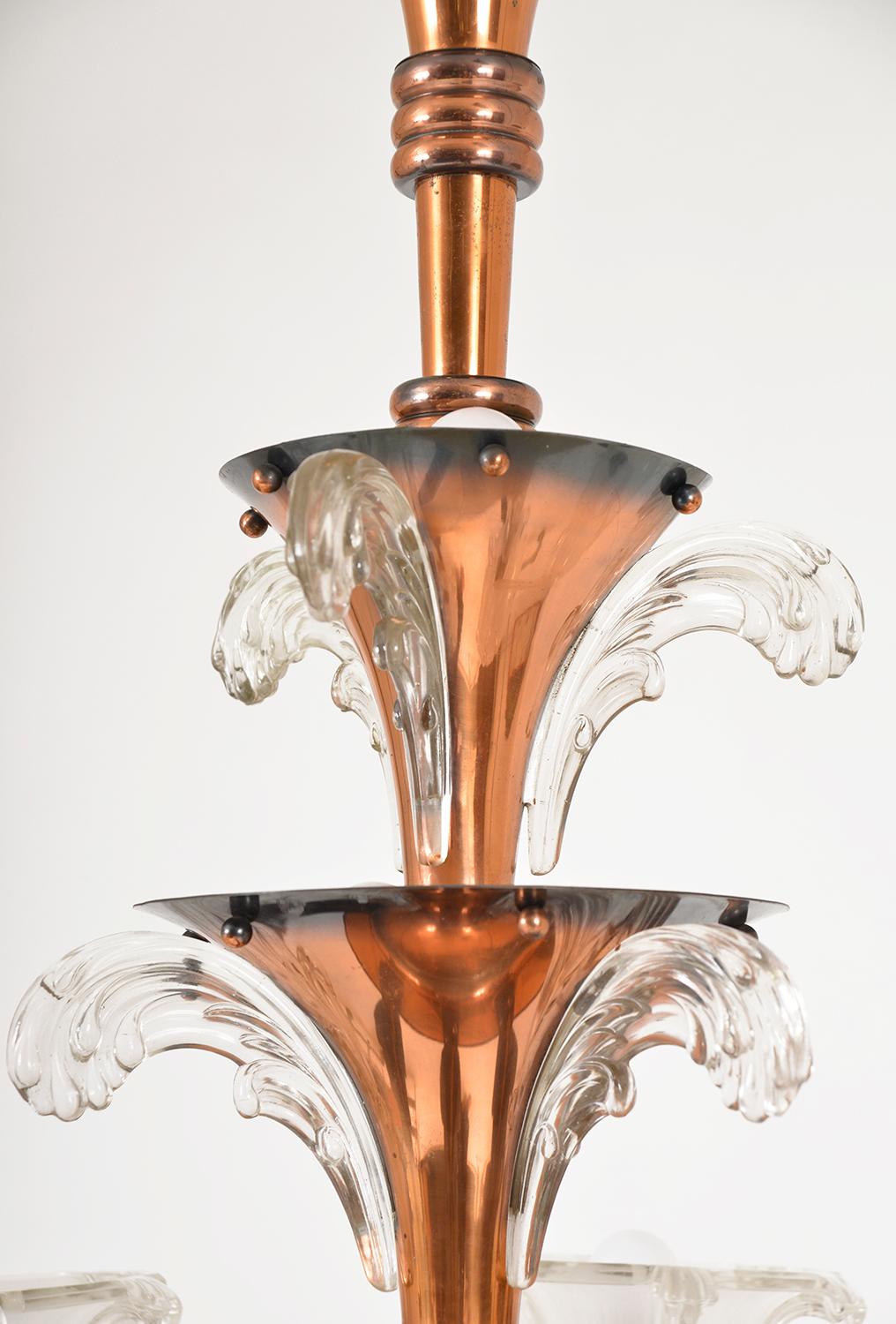 1930s French Art Deco 6-Arm Chandelier by Petitot and Ezan Copper and Glass For Sale 1