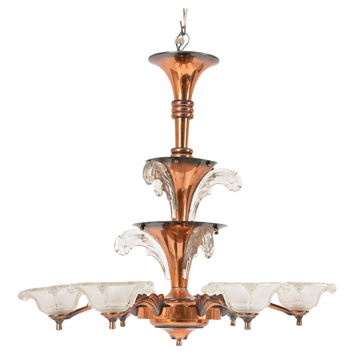 1930s French Art Deco 6-Arm Chandelier by Petitot and Ezan Copper and Glass