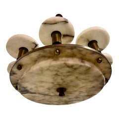 1930s French Art Deco Alabaster and Brass Eight Arm Chandelier